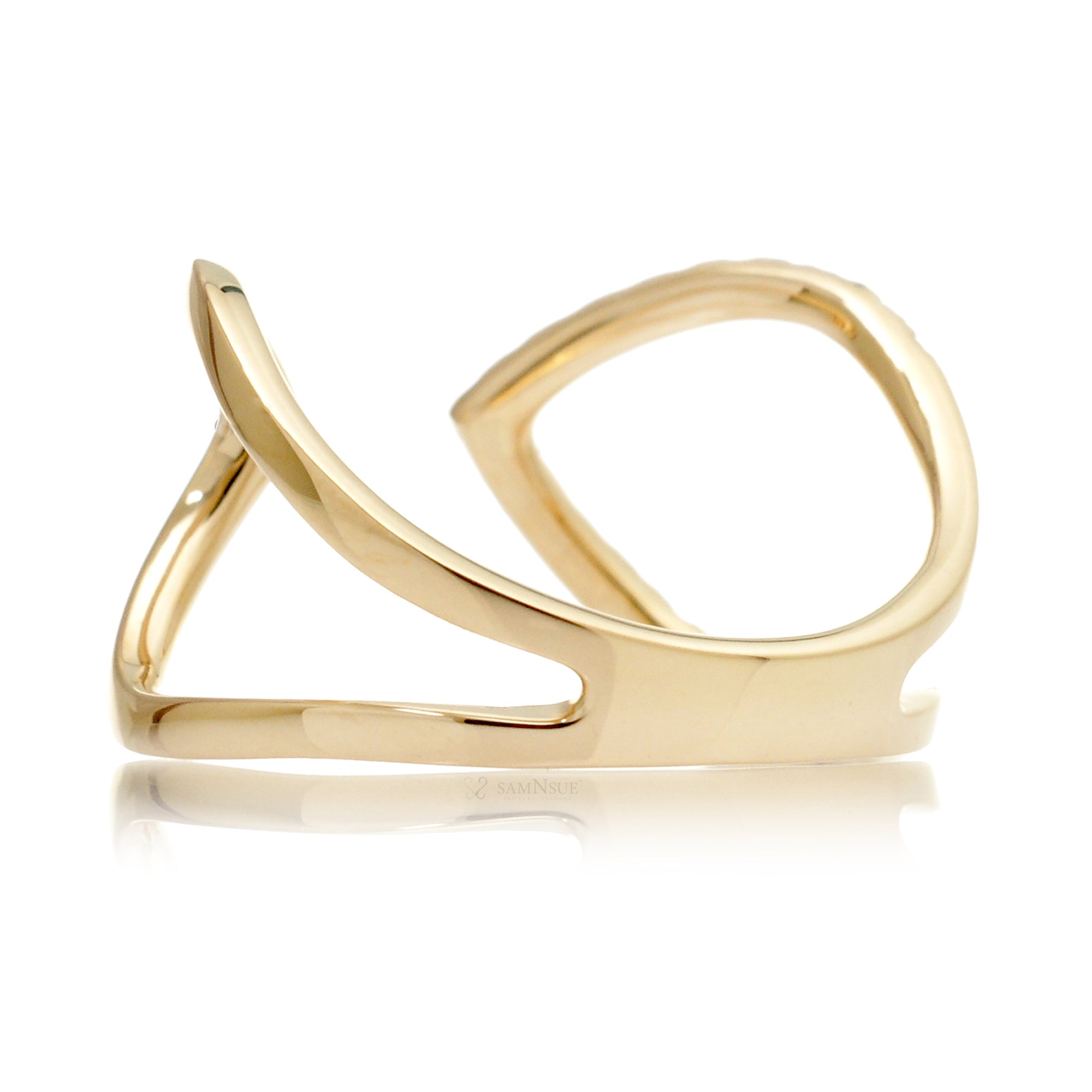 Open diamond band fashion designer style double arrow yellow gold