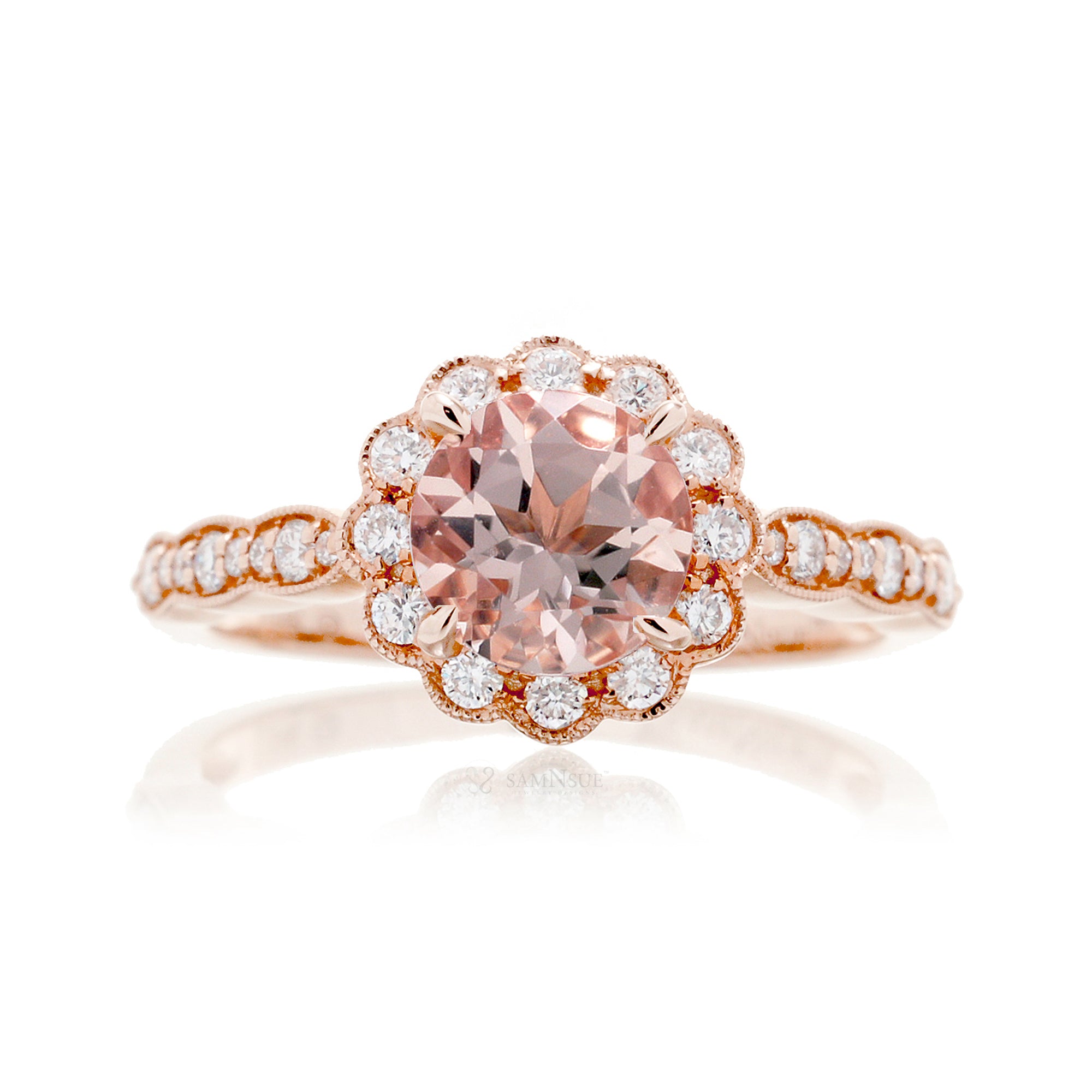 Round morganite scallop halo diamond band ring in rose gold