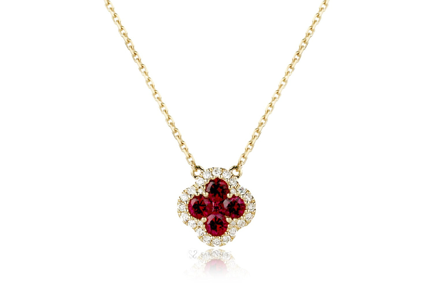 Ruby clover diamond necklace in yellow gold