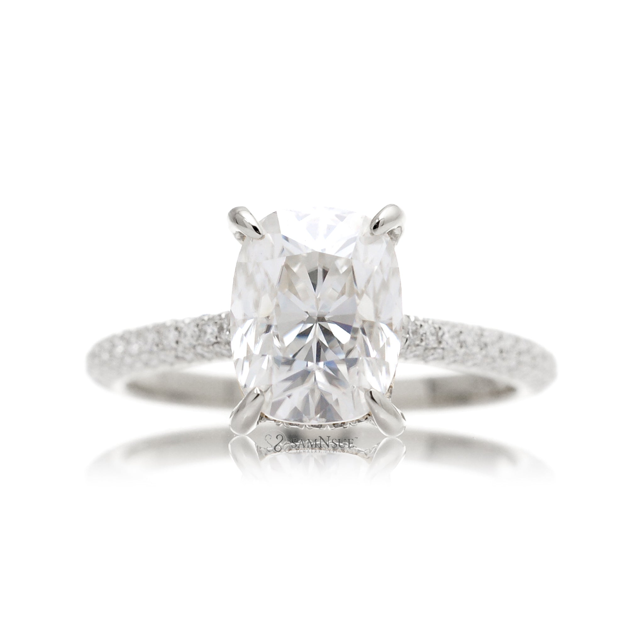 Cushion Moissanite and Diamond Accent Ring – 3 Row Setting