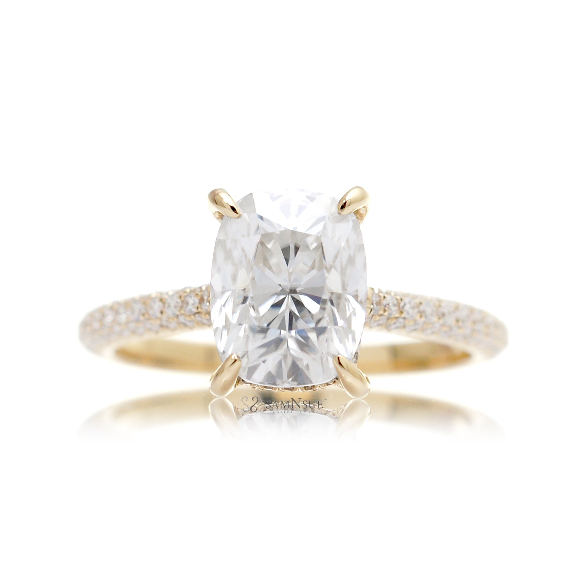 Cushion Cut Moissanite Ring with Diamond Triple Band
