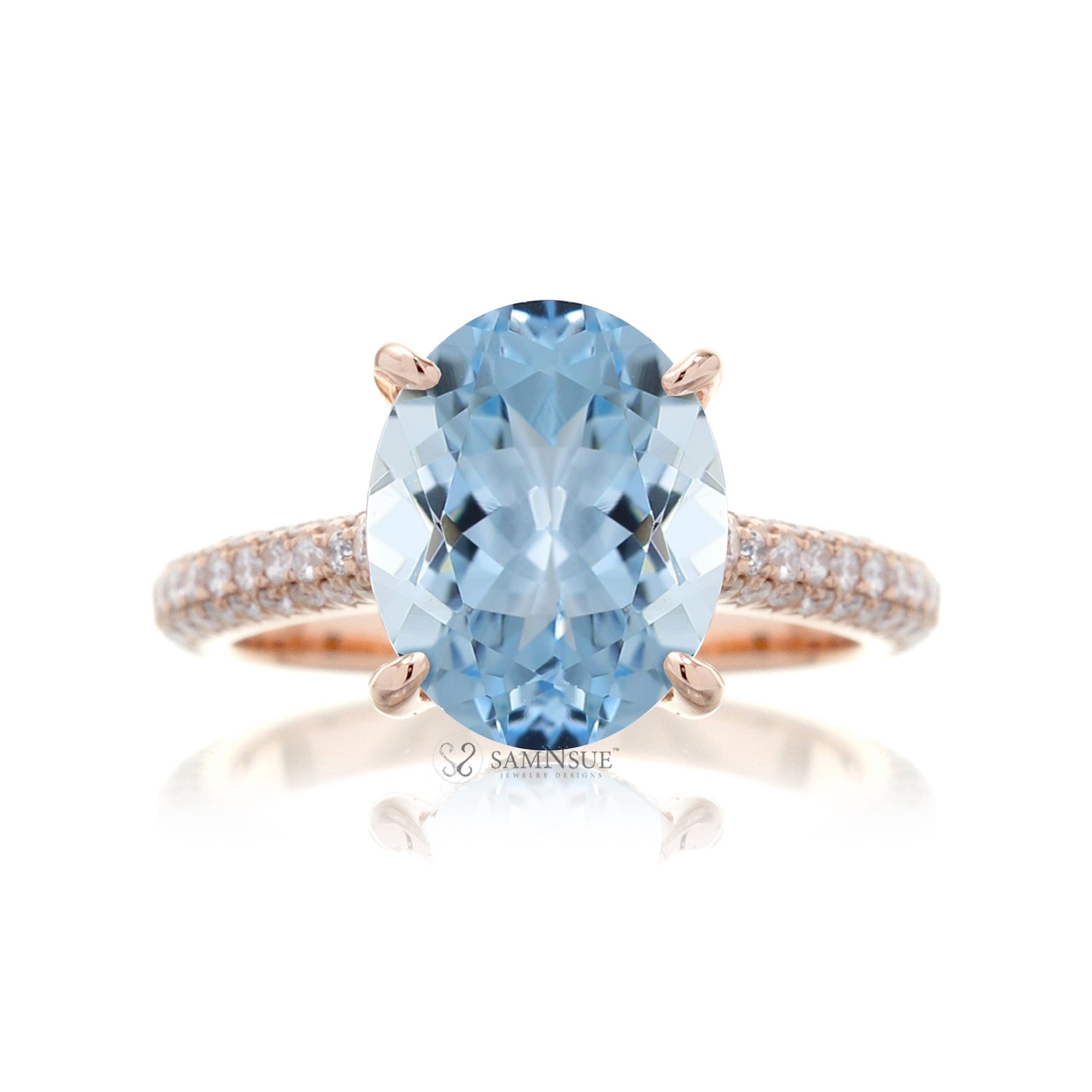 Oval cut aquamarine diamond solitaire pave engagement ring in rose gold