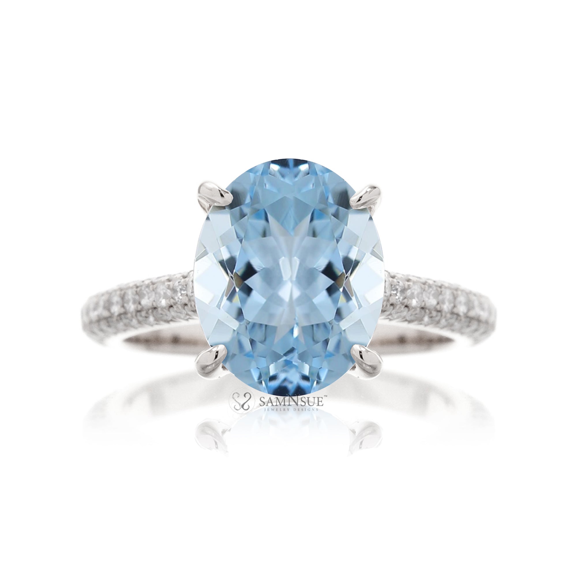 Oval cut aquamarine diamond solitaire pave engagement ring in white gold