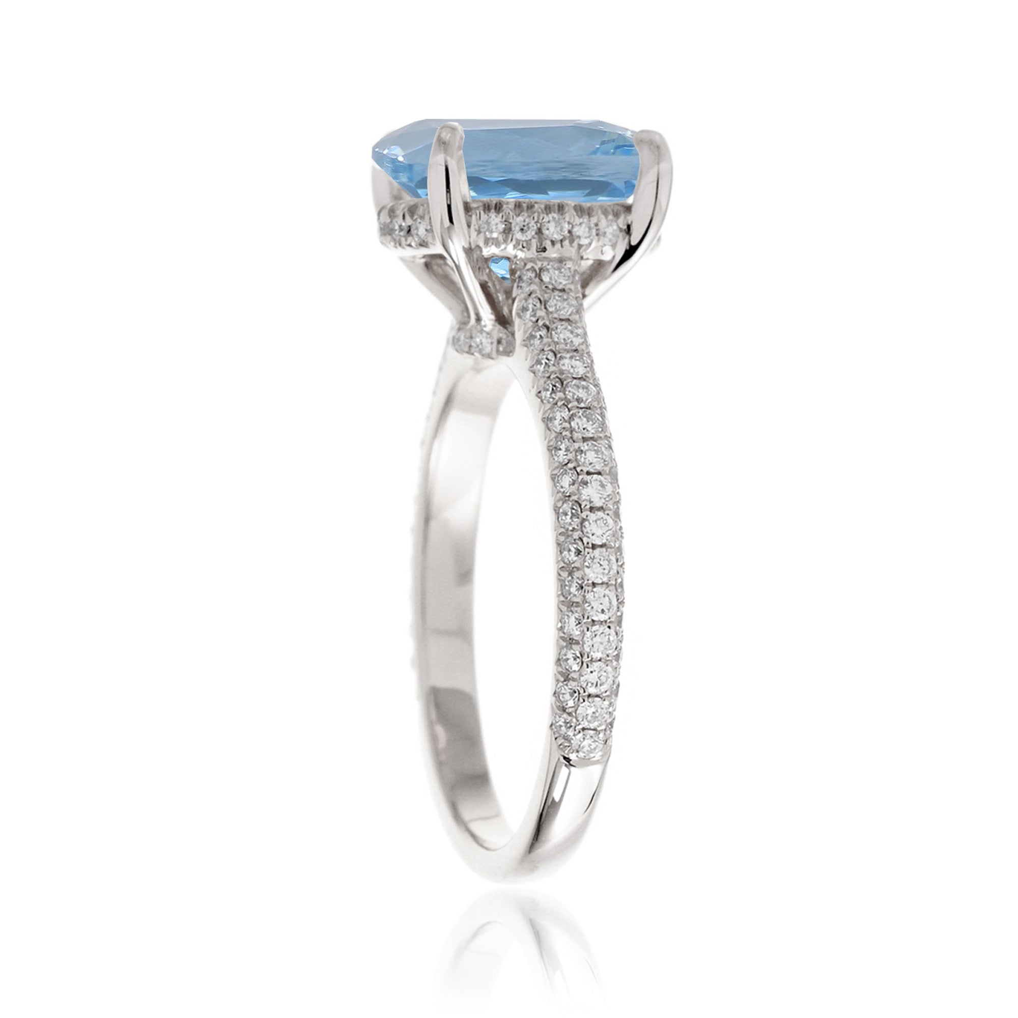Oval cut aquamarine diamond solitaire pave engagement ring in white gold