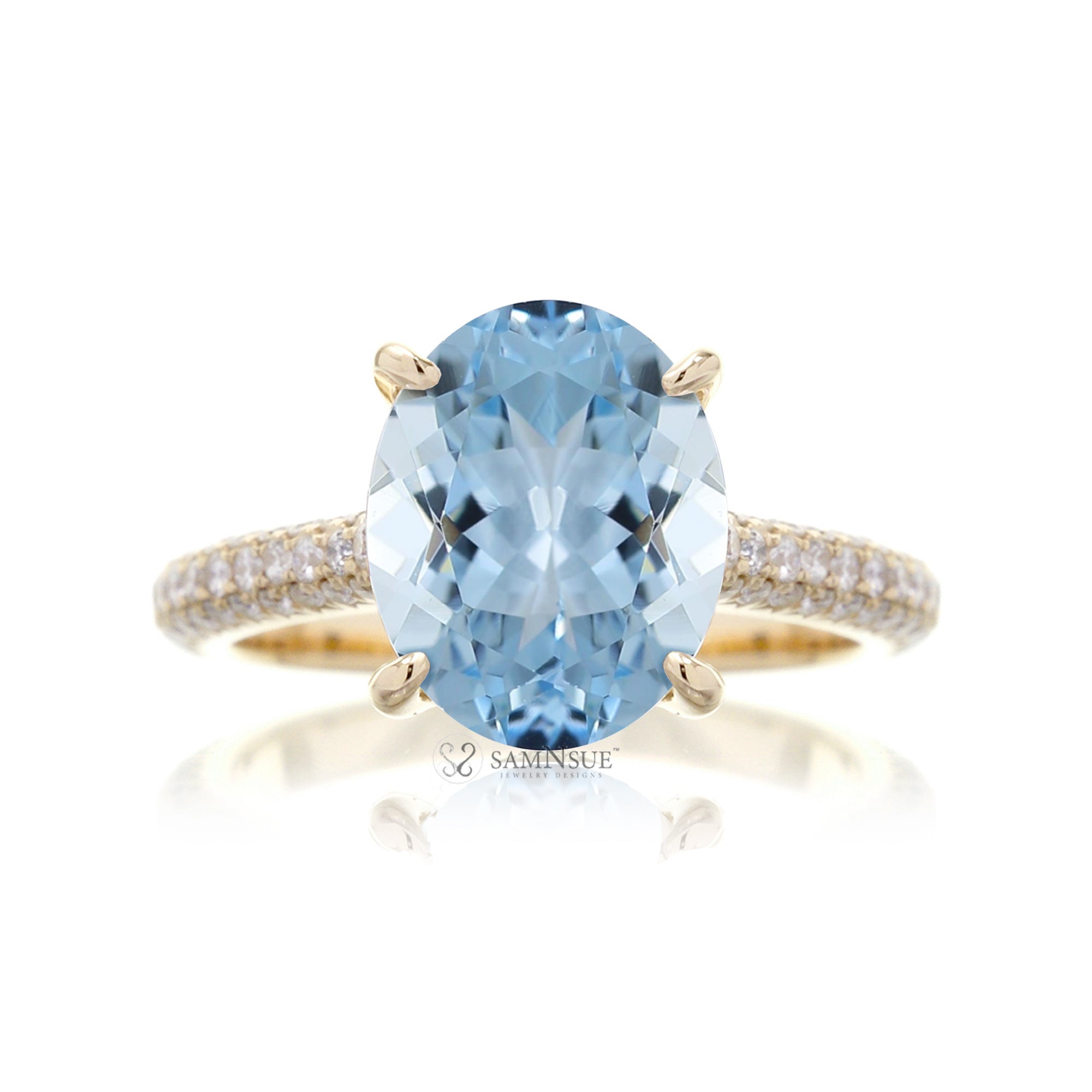 Oval cut aquamarine diamond solitaire pave engagement ring in yellow gold