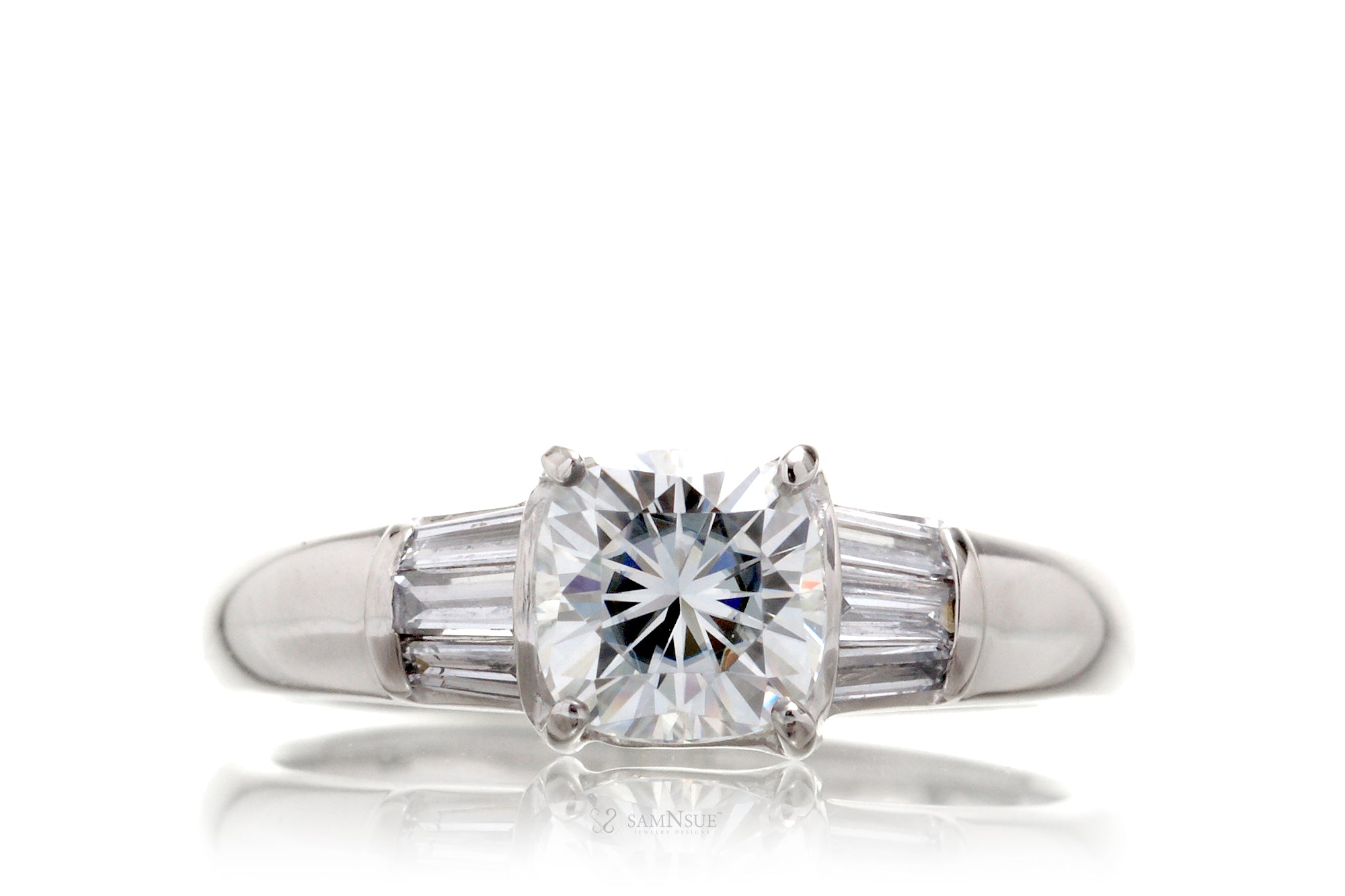The Three Stone Baguette Cushion Moissanite Platinum Engagement Ring