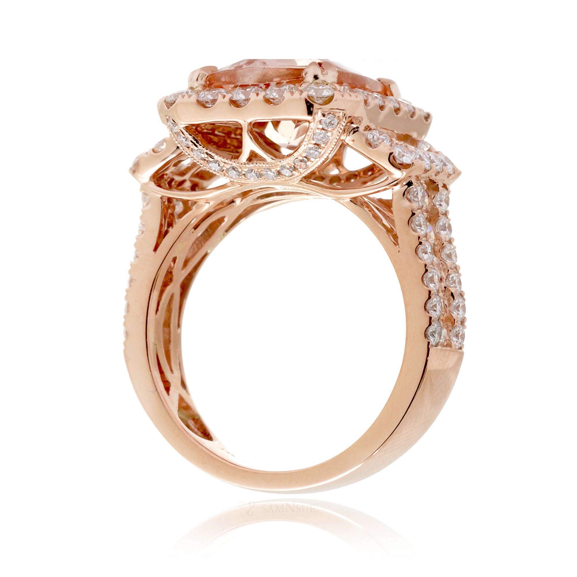 Emerald-Cut Morganite Double Halo Diamond Ring in Rose Gold