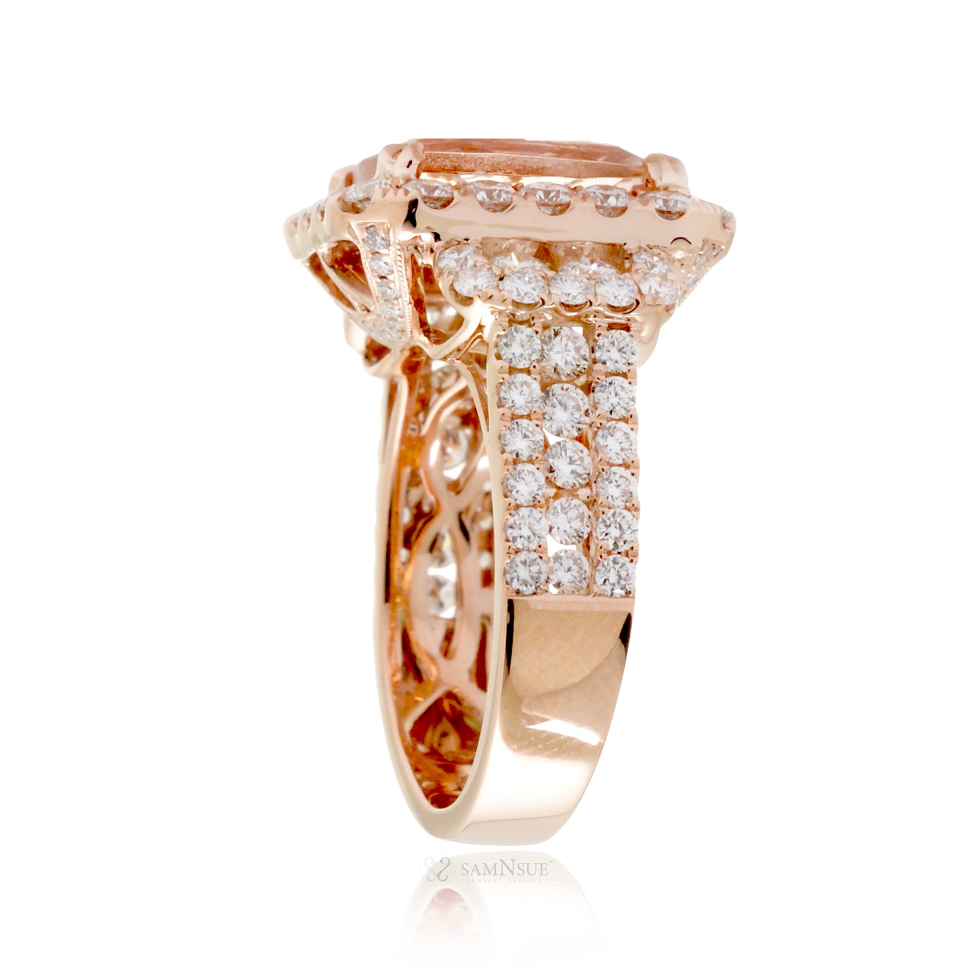 Emerald-Cut Morganite Double Halo Diamond Ring in Rose Gold