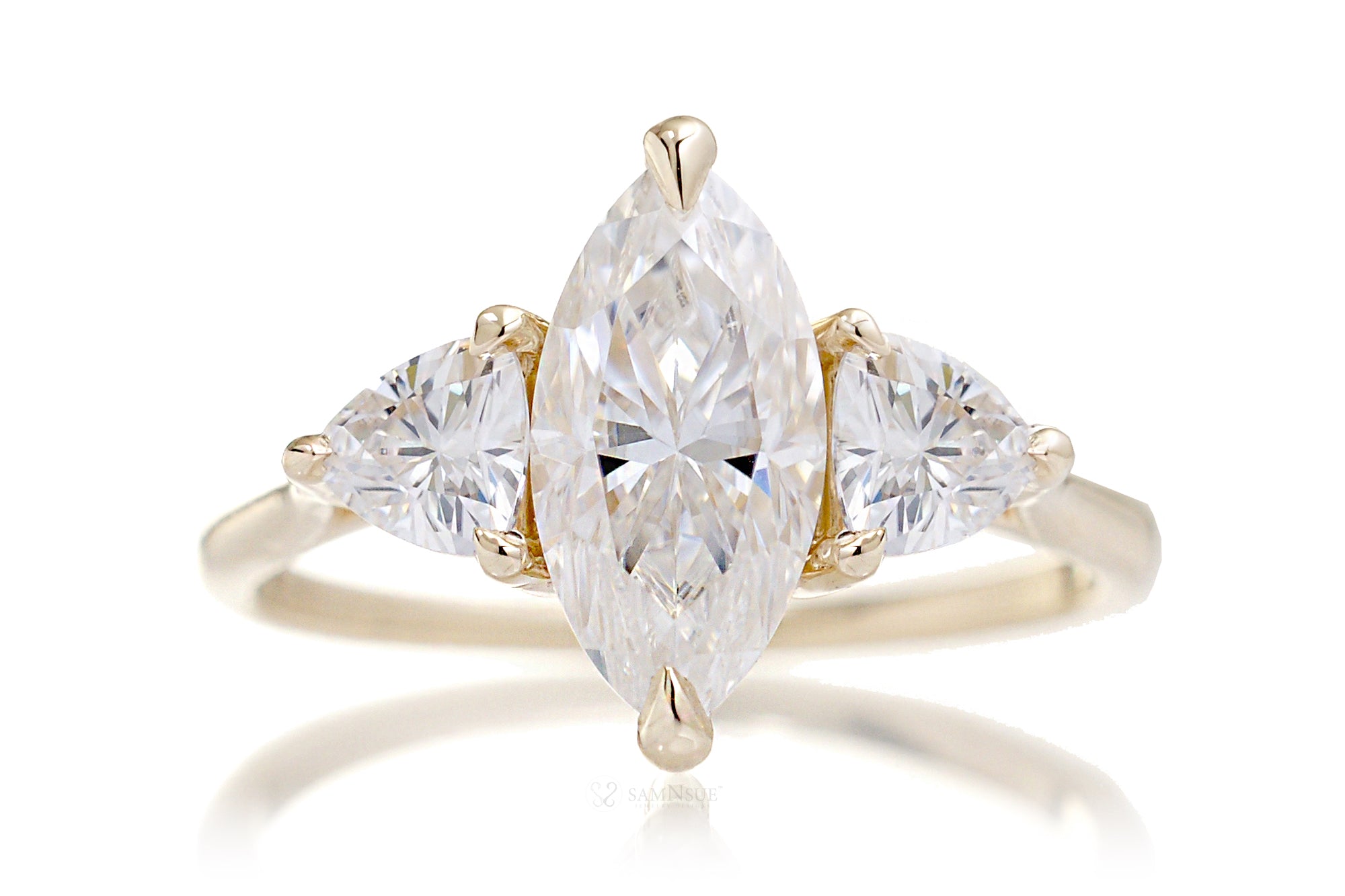 Marquise Trilliant Three Stone Ring Yellow Gold