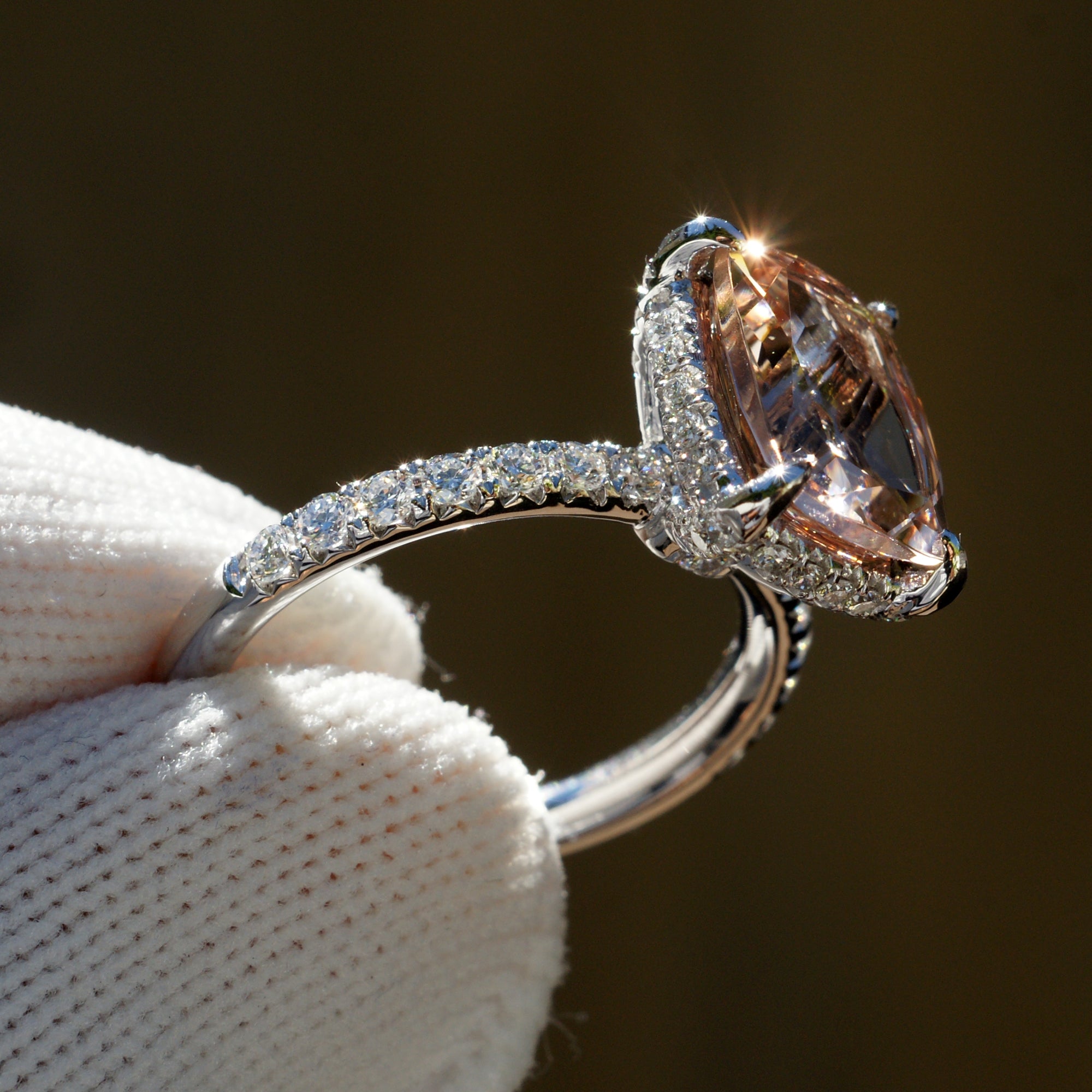The Drenched Solitaire Cushion Morganite Ring 10x8 Platinum (Thick Band)