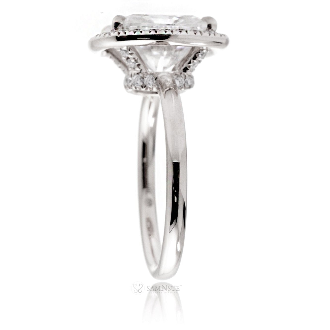 Radiant cut engagement ring with diamond halo and band the Drenched white gold solid band