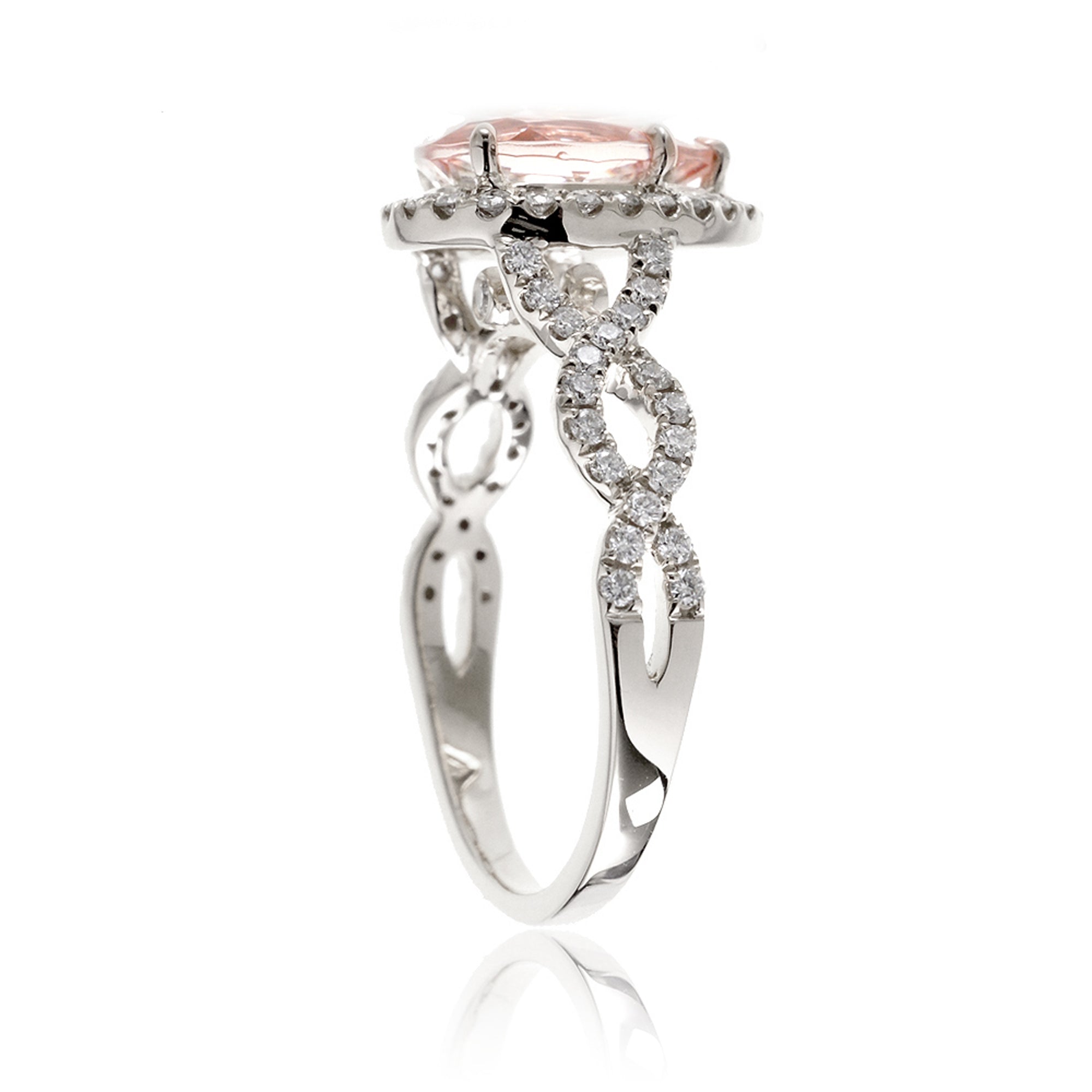 Pear morganite engagement ring white gold diamond halo twist band