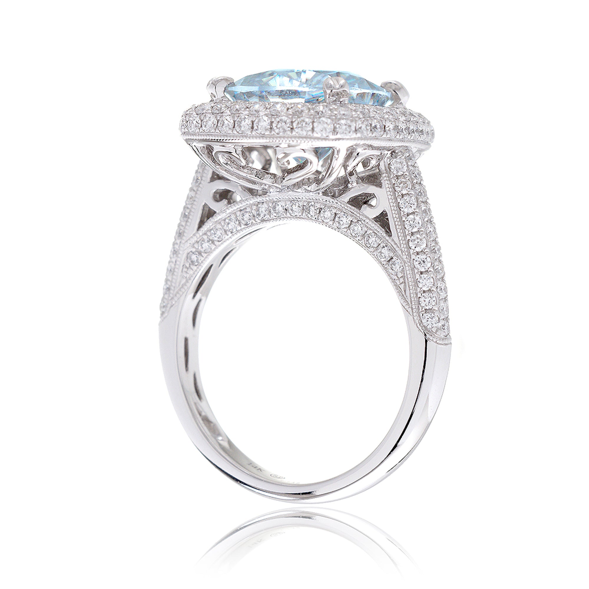 Cushion aquamarine micro pave dome diamond halo three dimensional ring white gold
