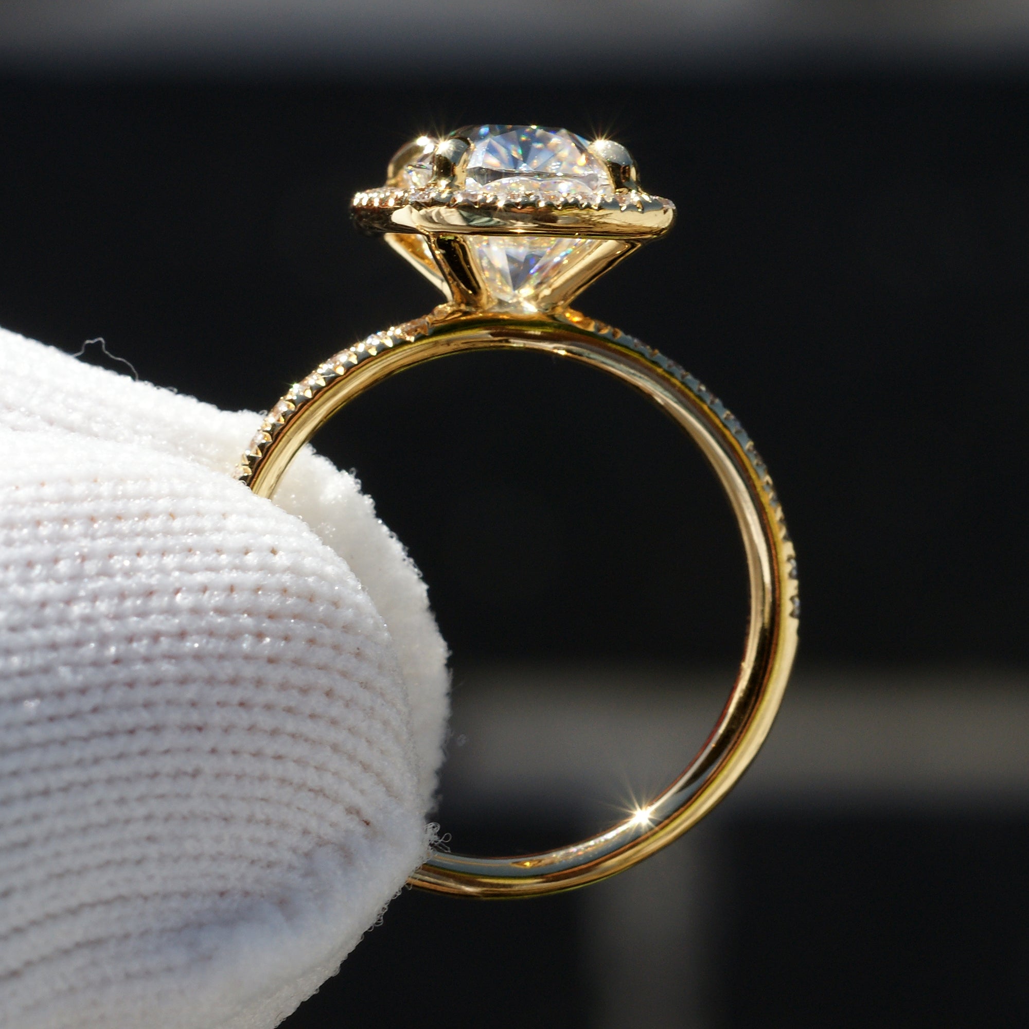 Cushion-Cut Moissanite and Diamond Halo Engagement Ring – The Caitlin Yellow Gold 9xmm