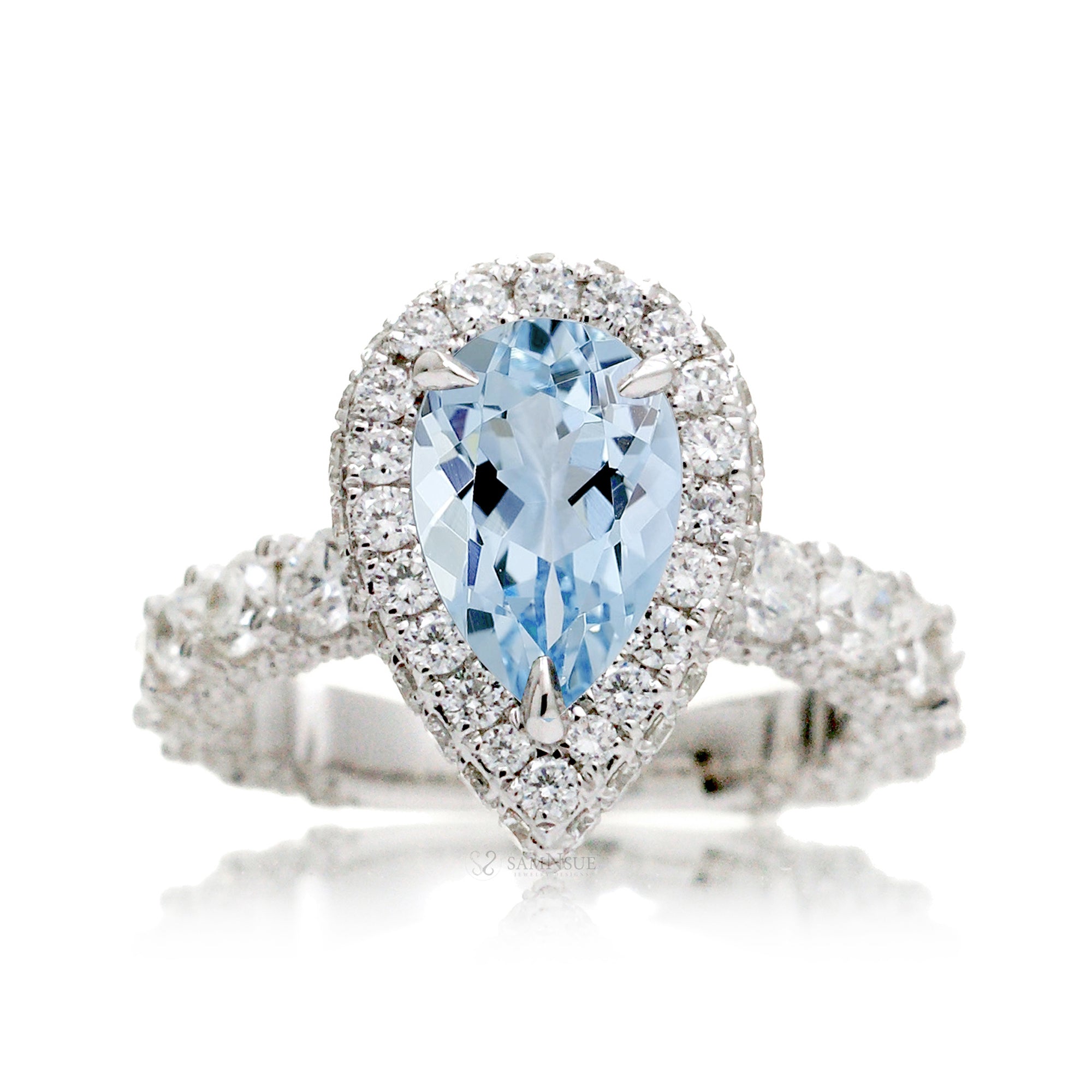 Pear cut aquamarine diamond halo u shape band wide bold ring 