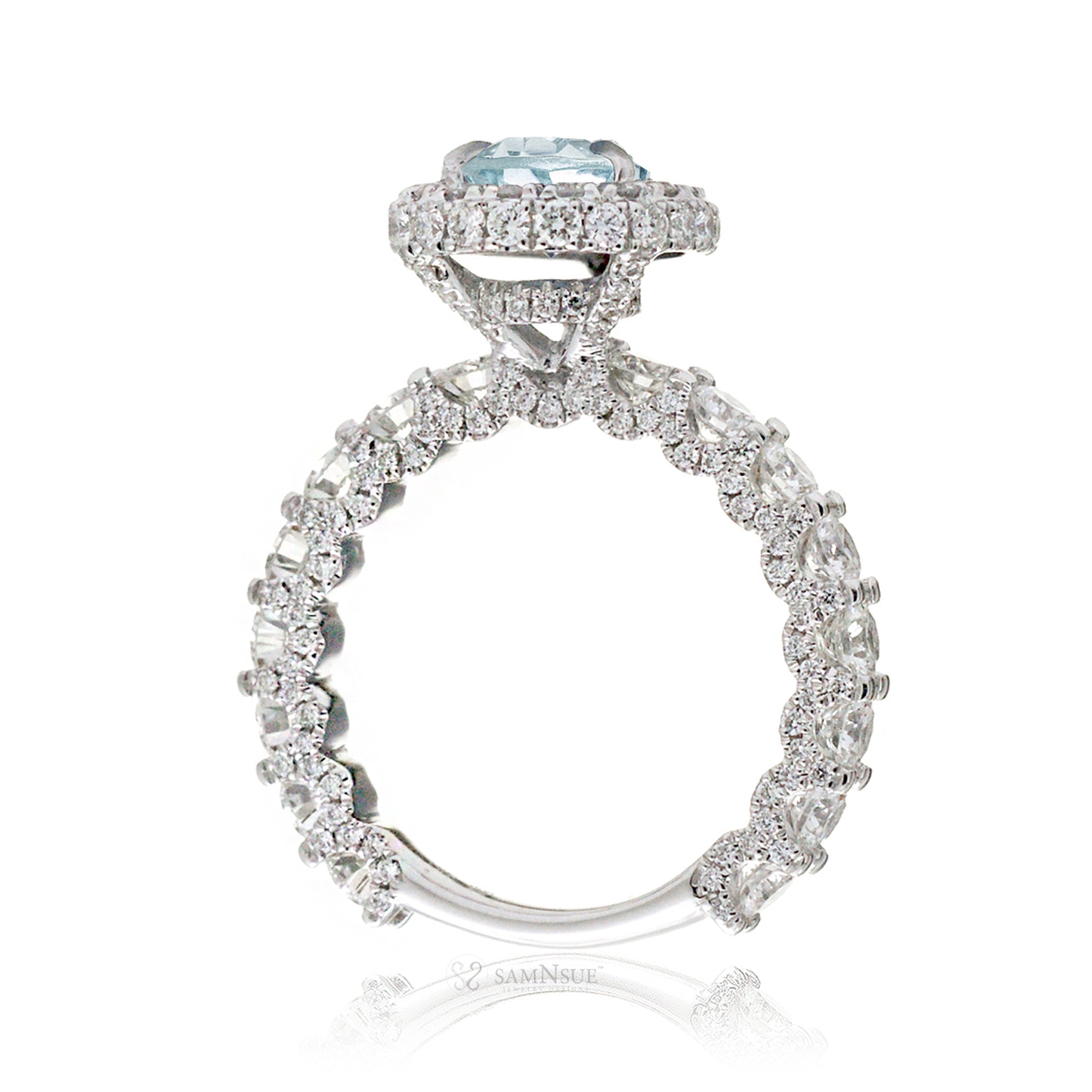 Pear cut aquamarine diamond halo u shape band wide bold ring 