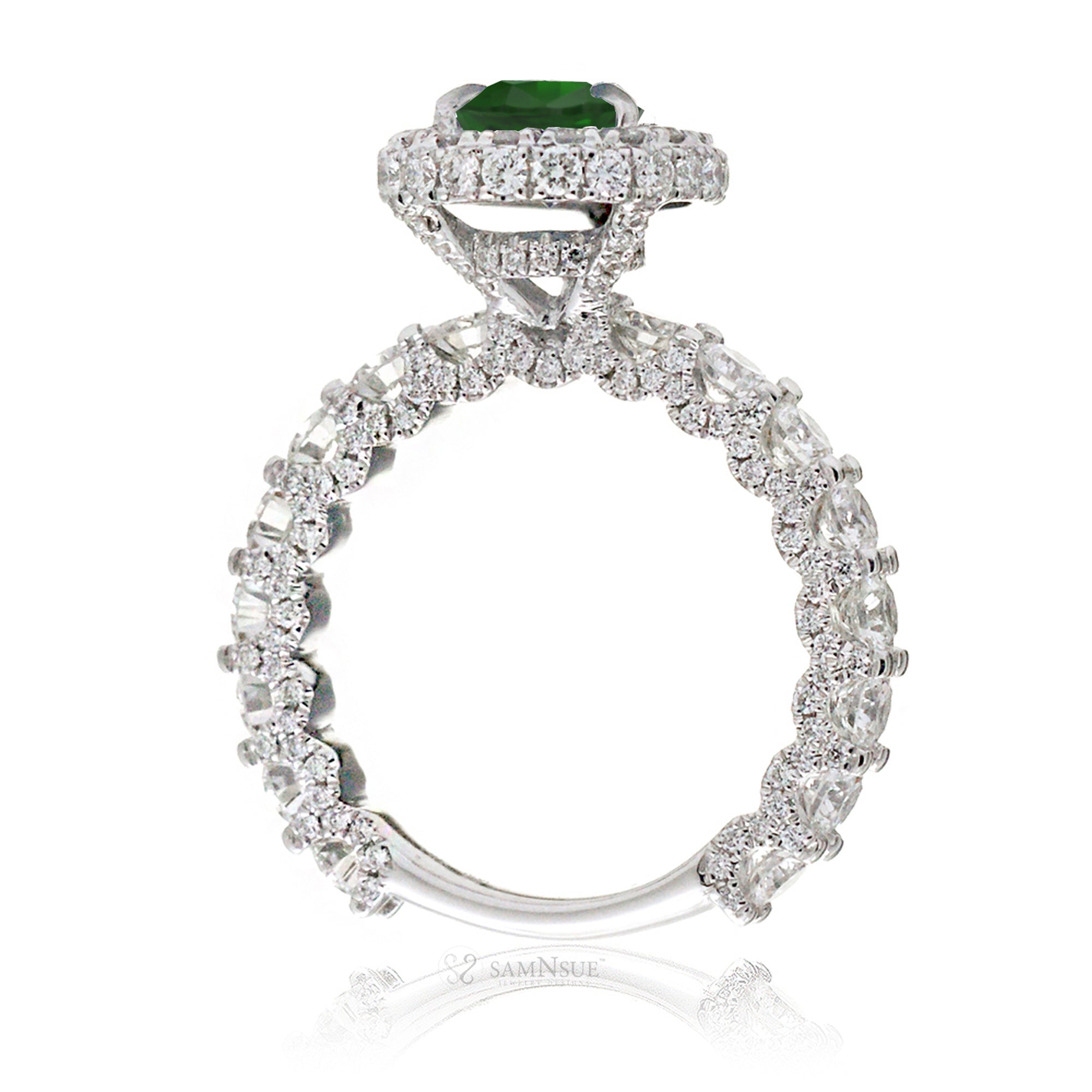 Pear emerald with U prongs diamond halo and band hidden halo in white gold