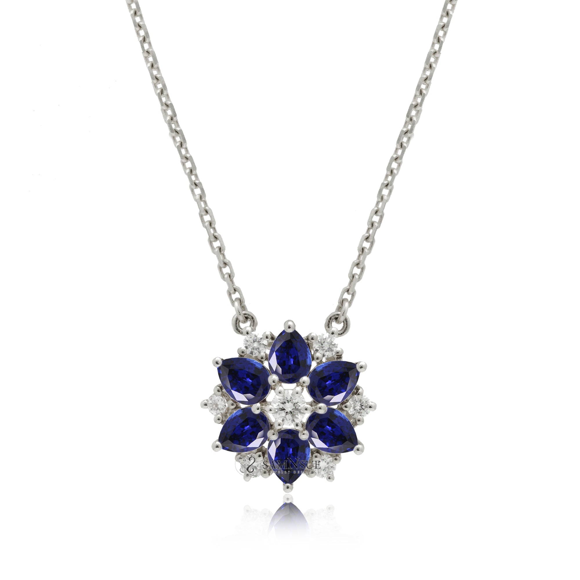 The lotus blue sapphire & diamond star necklace with cable chain in white gold