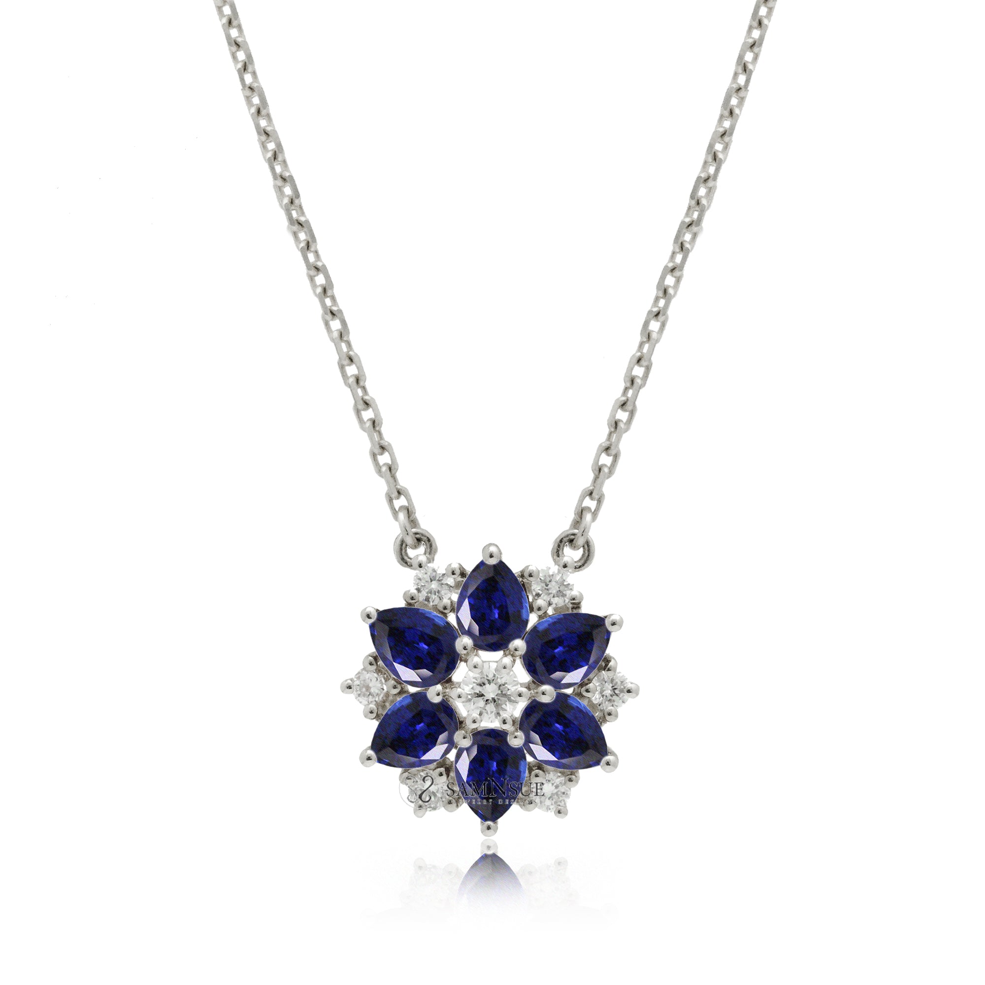 The lotus blue sapphire & diamond star necklace with cable chain in white gold