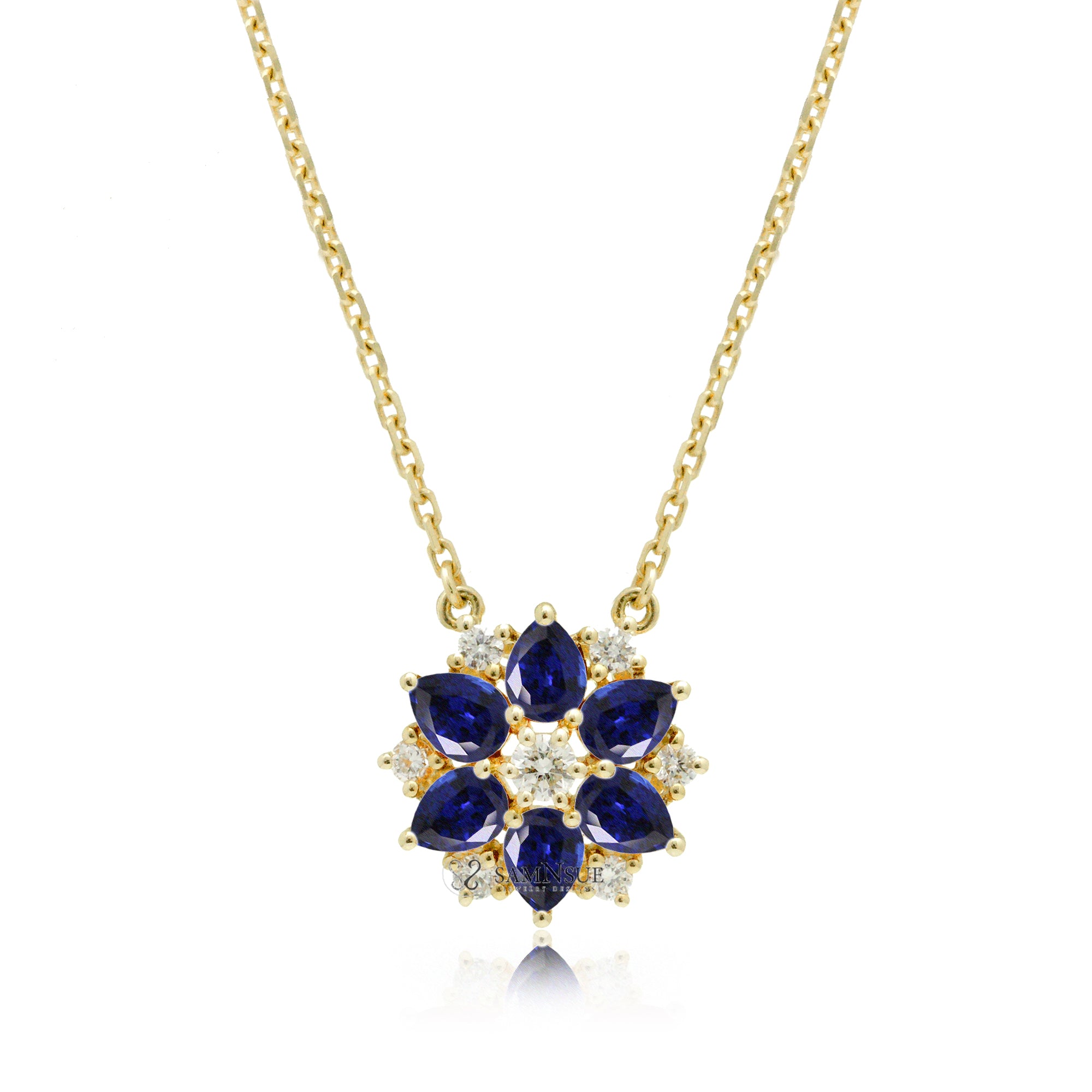 The lotus blue sapphire & diamond star necklace with cable chain in yellow gold