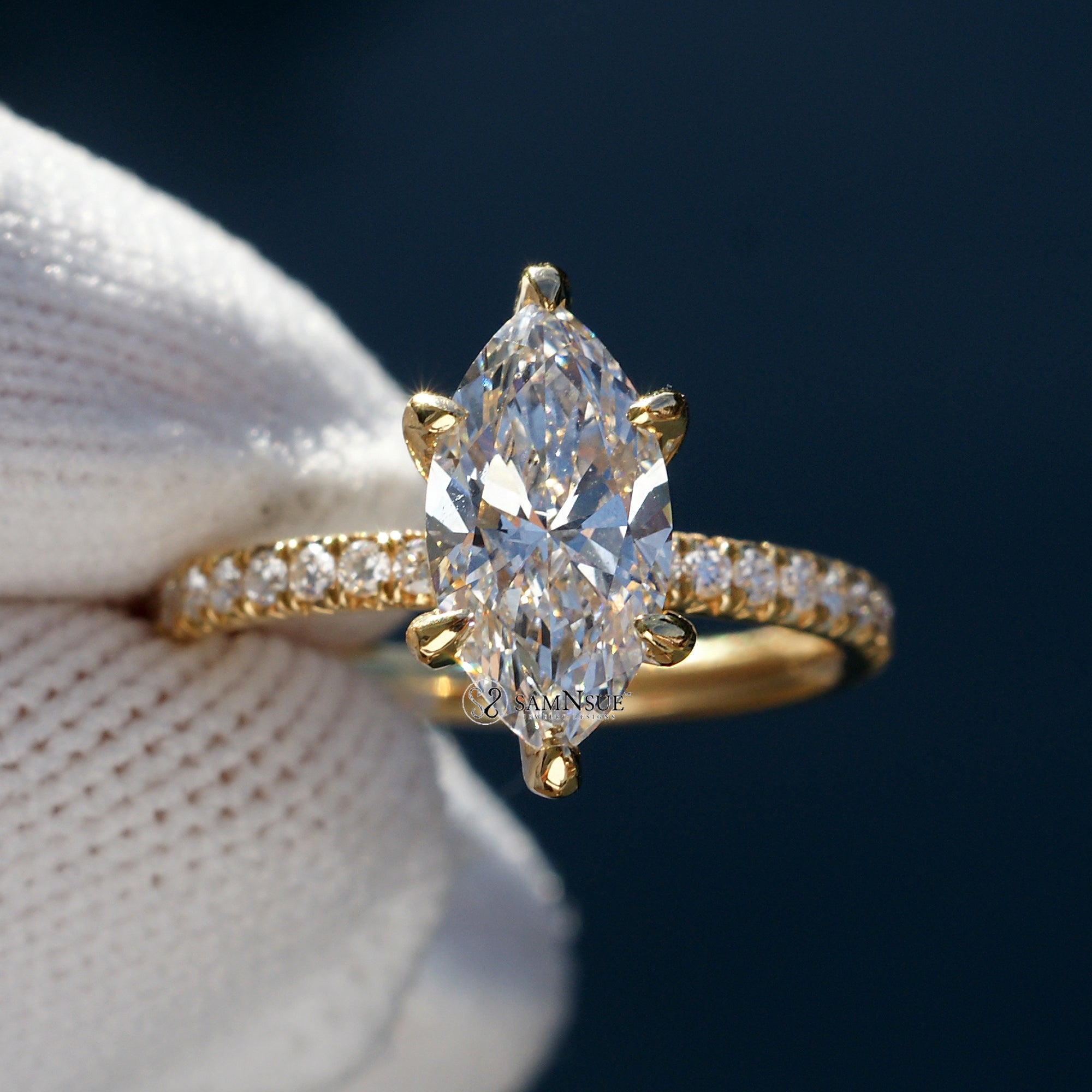 Marquise cut diamond with six prongs like Selena Gomez ring