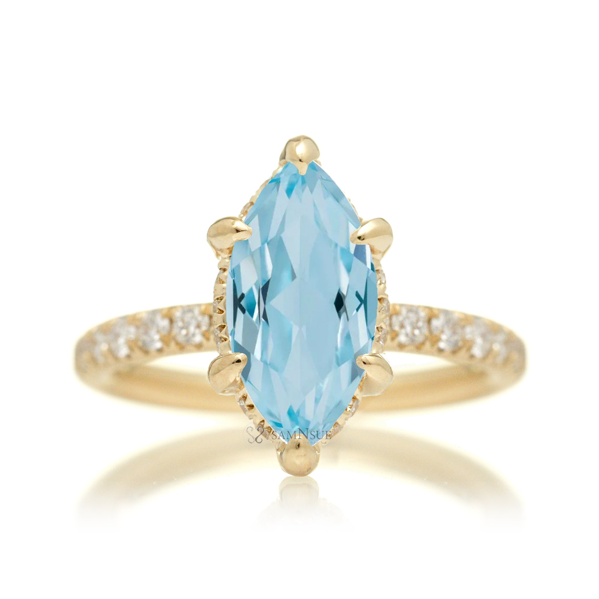 Marquise aquamarine ring with hidden halo and rounded diamond band comfort fit yellow gold