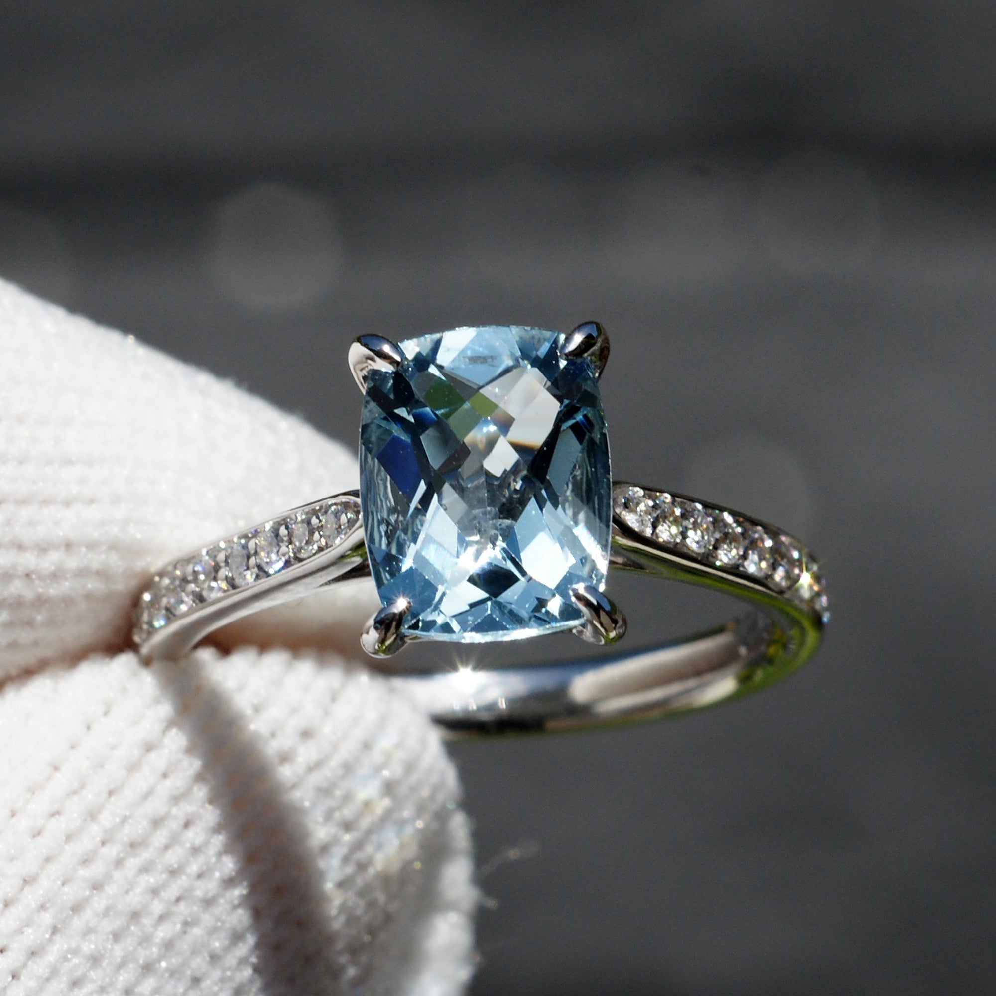 The Emily Cushion Aquamarine Ring 9x7mm 18k White Gold