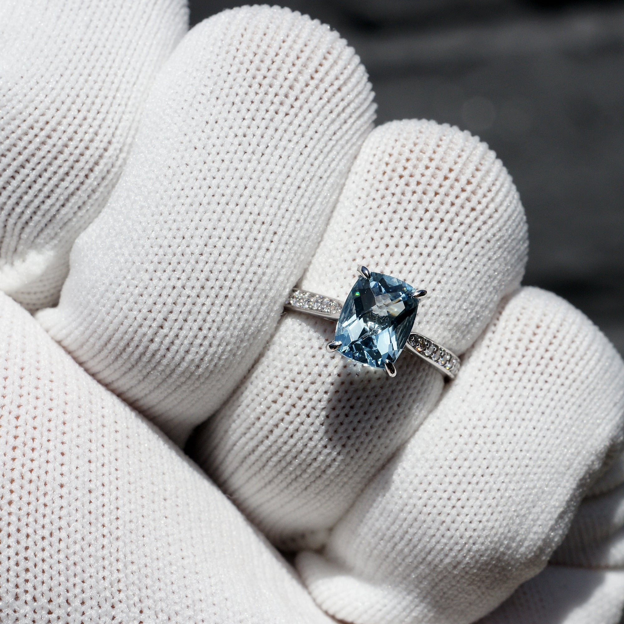 The Emily Cushion Aquamarine Ring 9x7mm 18k White Gold