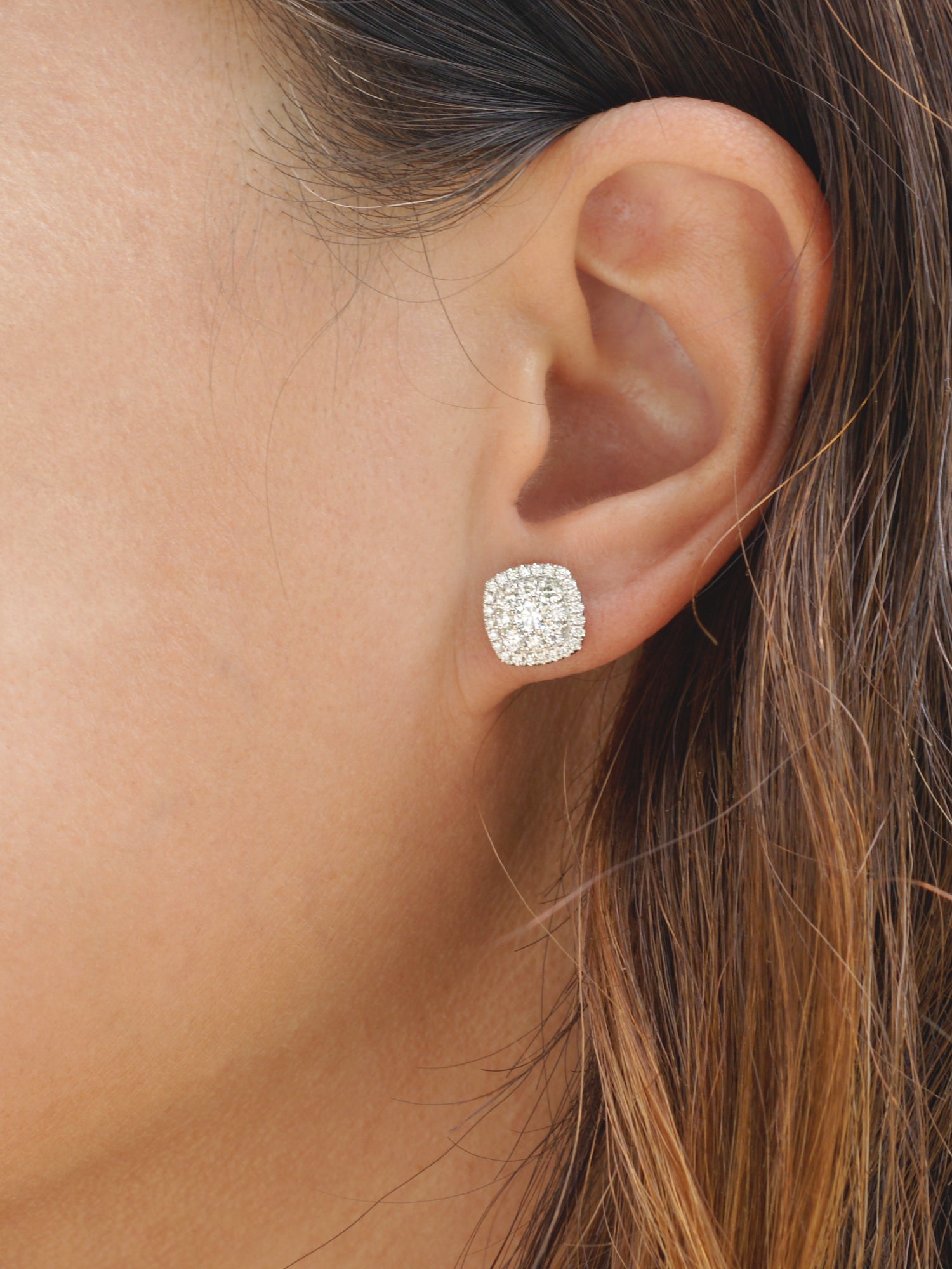 Cushion cluster diamond stud earrings white gold