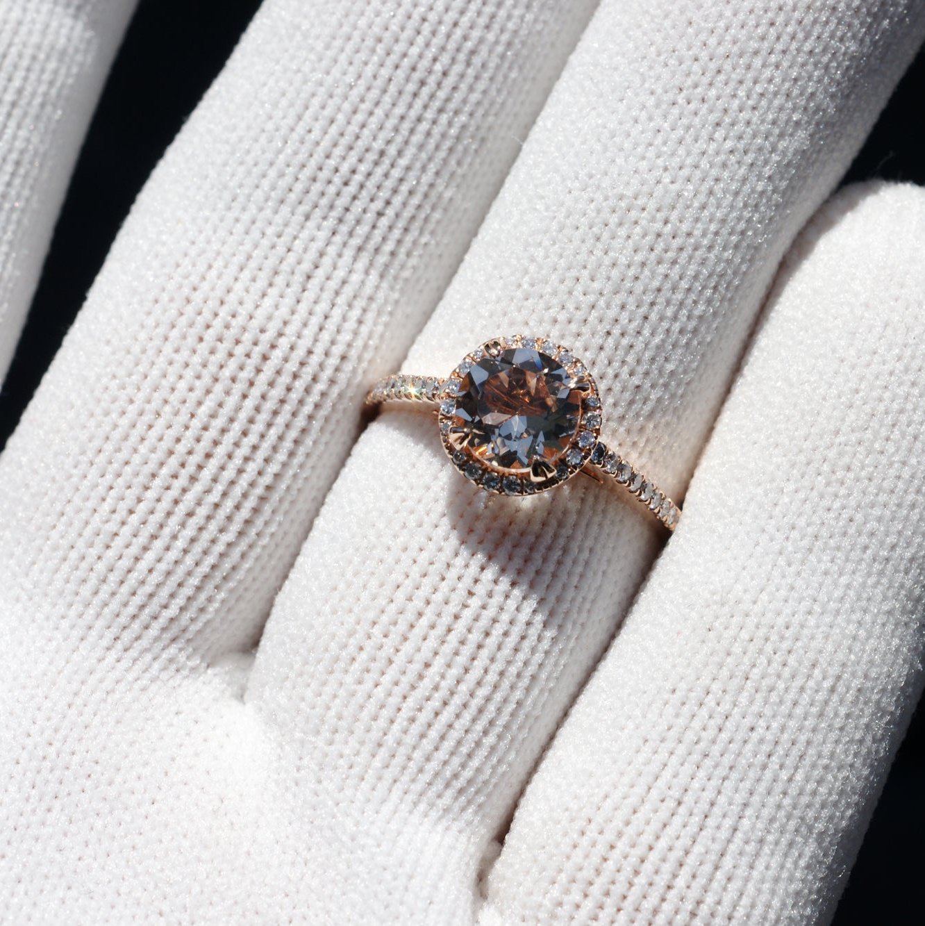 Round morganite engagement ring with diamond halo in rose gold