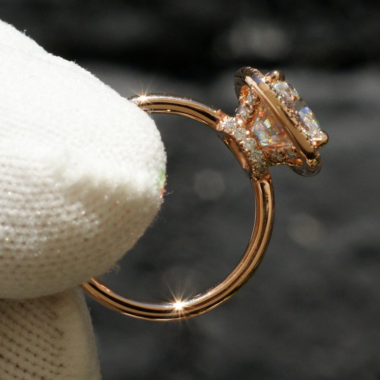 CLEARANCE - The Drenched Radiant Moissanite 10x8mm Solid Band 14k Rose Gold