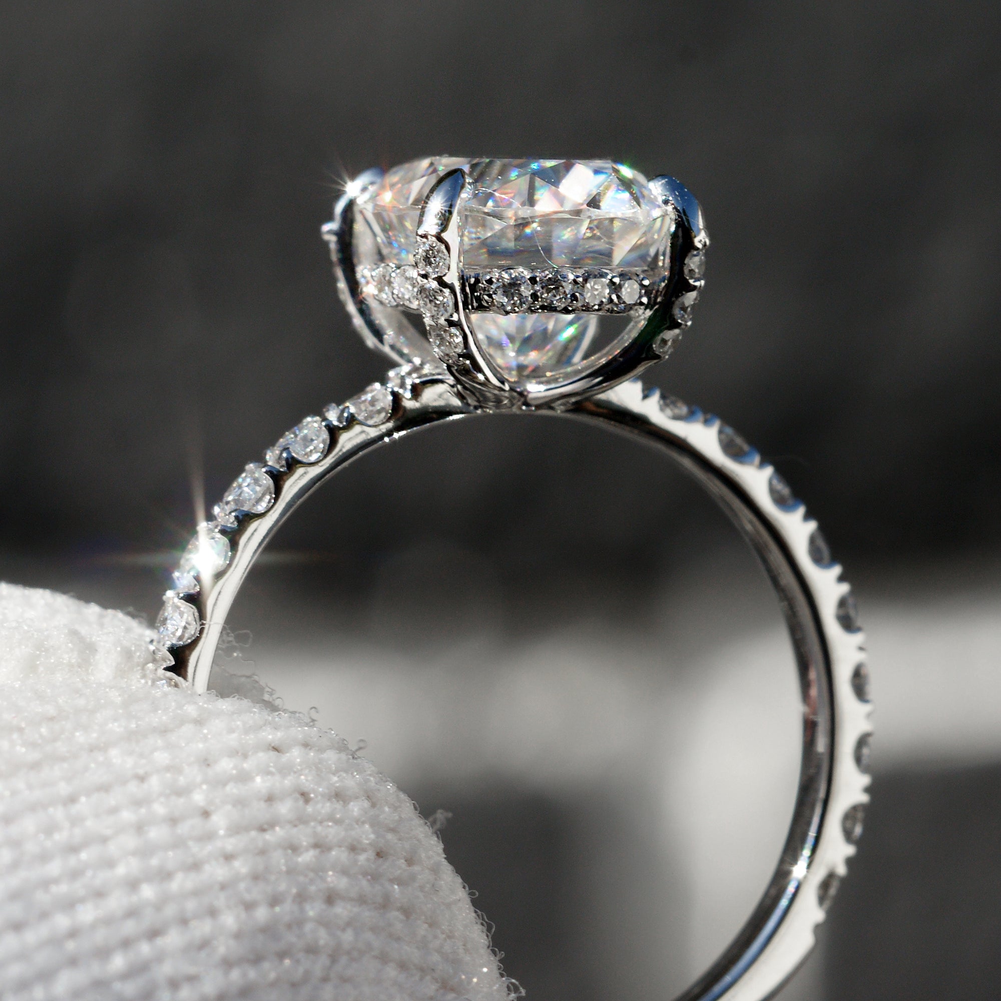 The French Pavé Oval Moissanite Solitaire Ring 10x8 White Gold