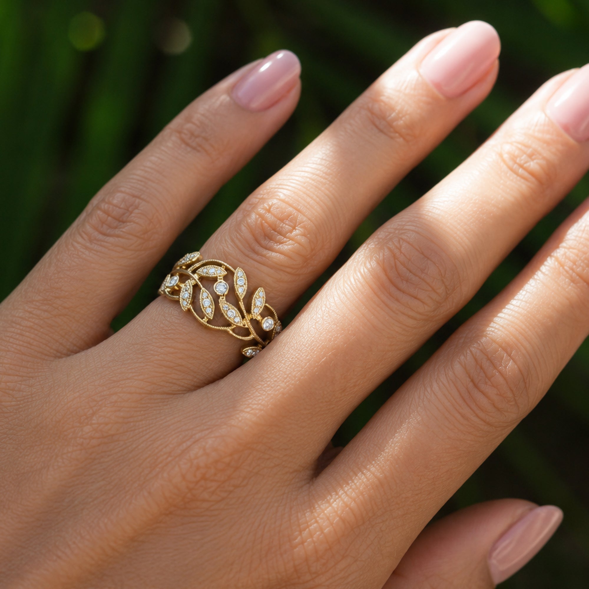 Gold ring with diamonds on a hand against a blurred green background