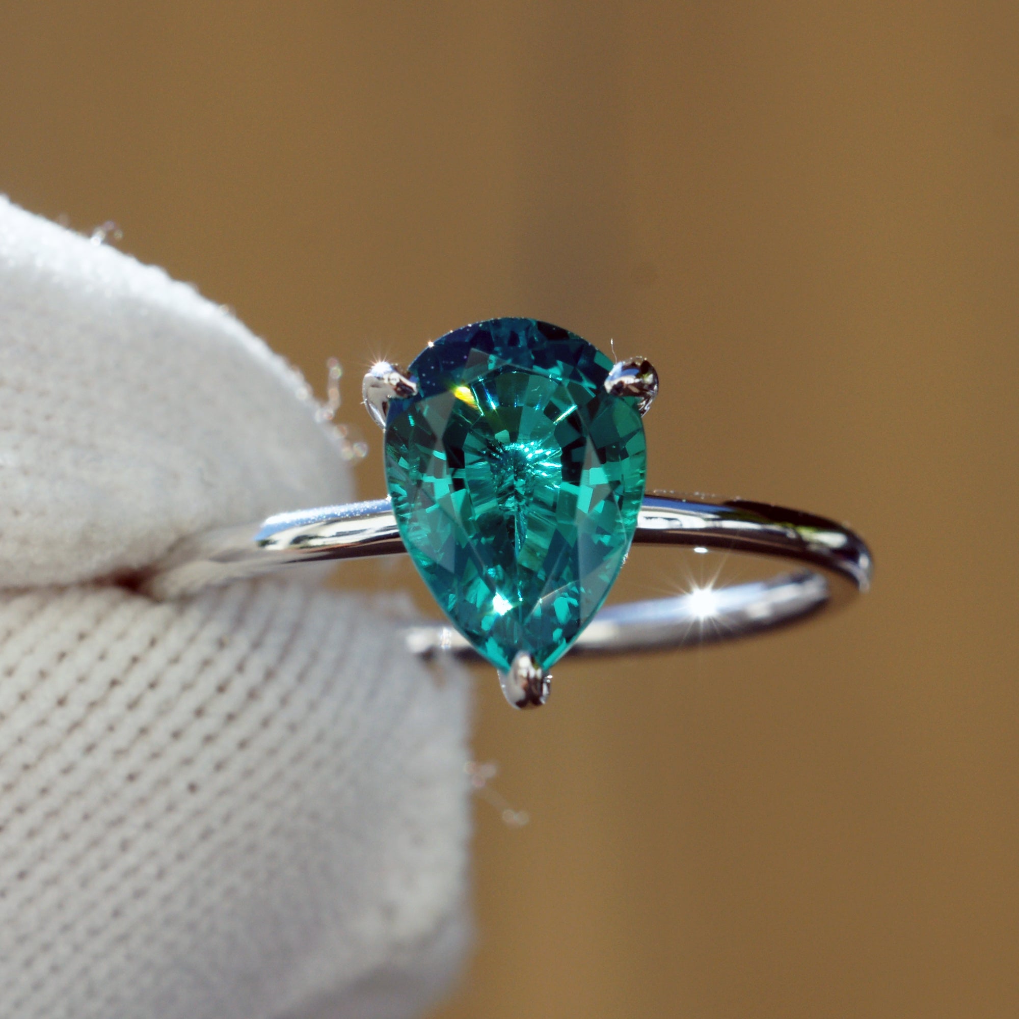 18K White Gold Three-Prong Solitaire Ring with Lab-Grown Emerald & Diamonds - Ava Collection by SamNsue