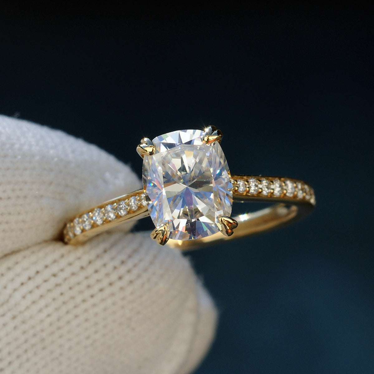 Cushion Moissanite Engagement Ring 18k Yellow Gold - The Emily 9x7mm