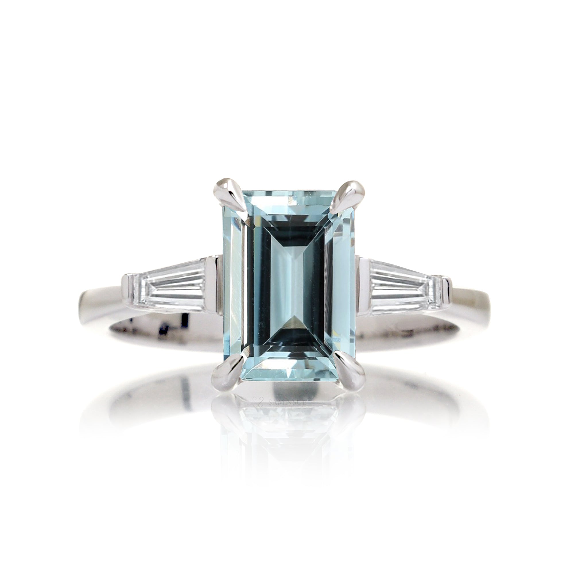 Emerald Step Cut Aquamarine Ring Baguette Three Stone Ring White Gold