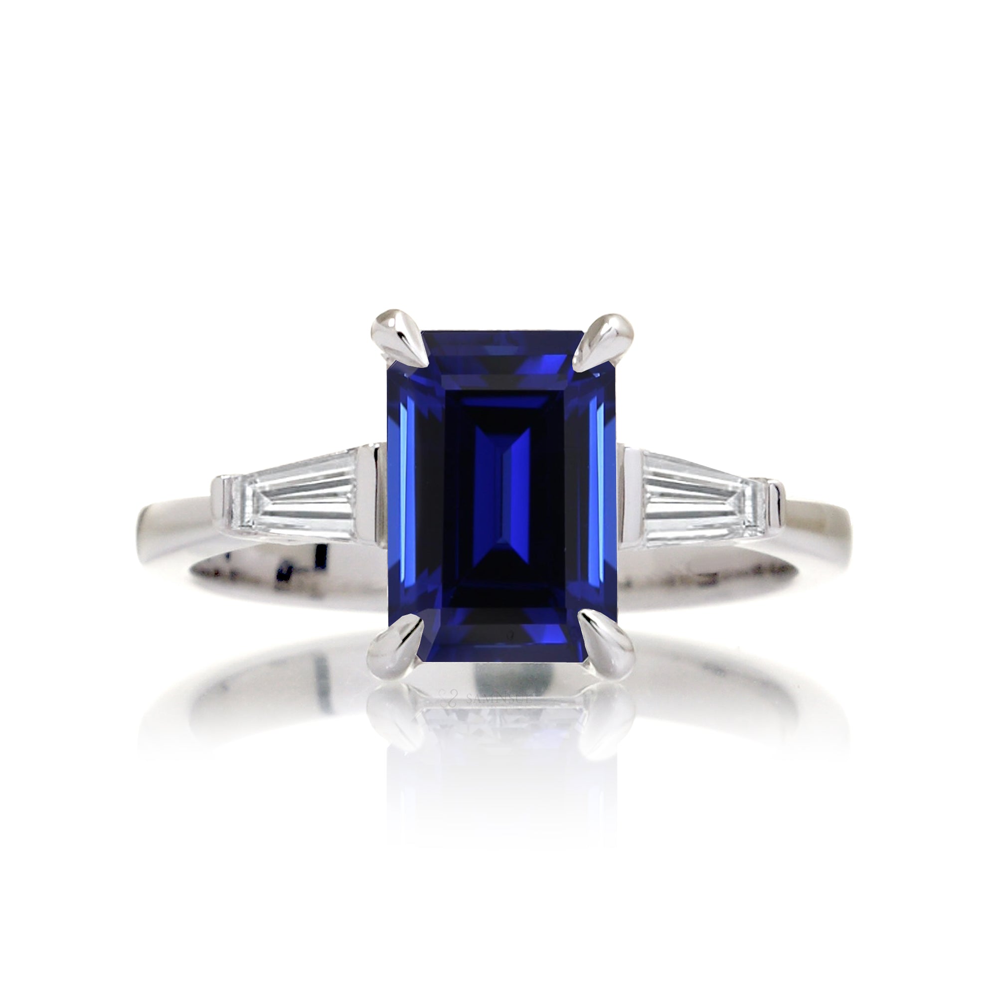 Emerald Step Cut Blue Sapphire Three Stone Baguette Ring White Gold