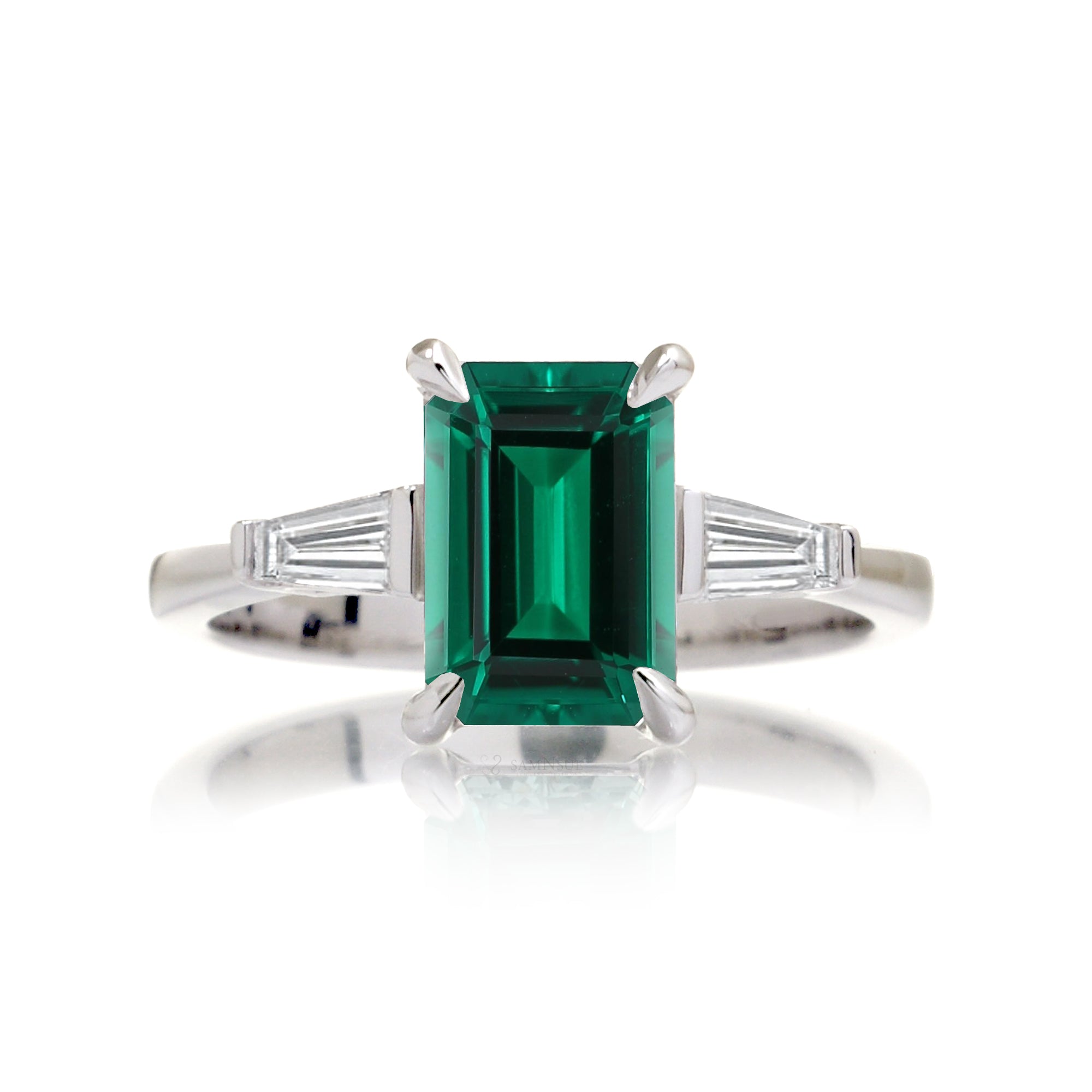 Emerald Step Cut Green Emerald Ring Three Stone Engagement Ring White Gold