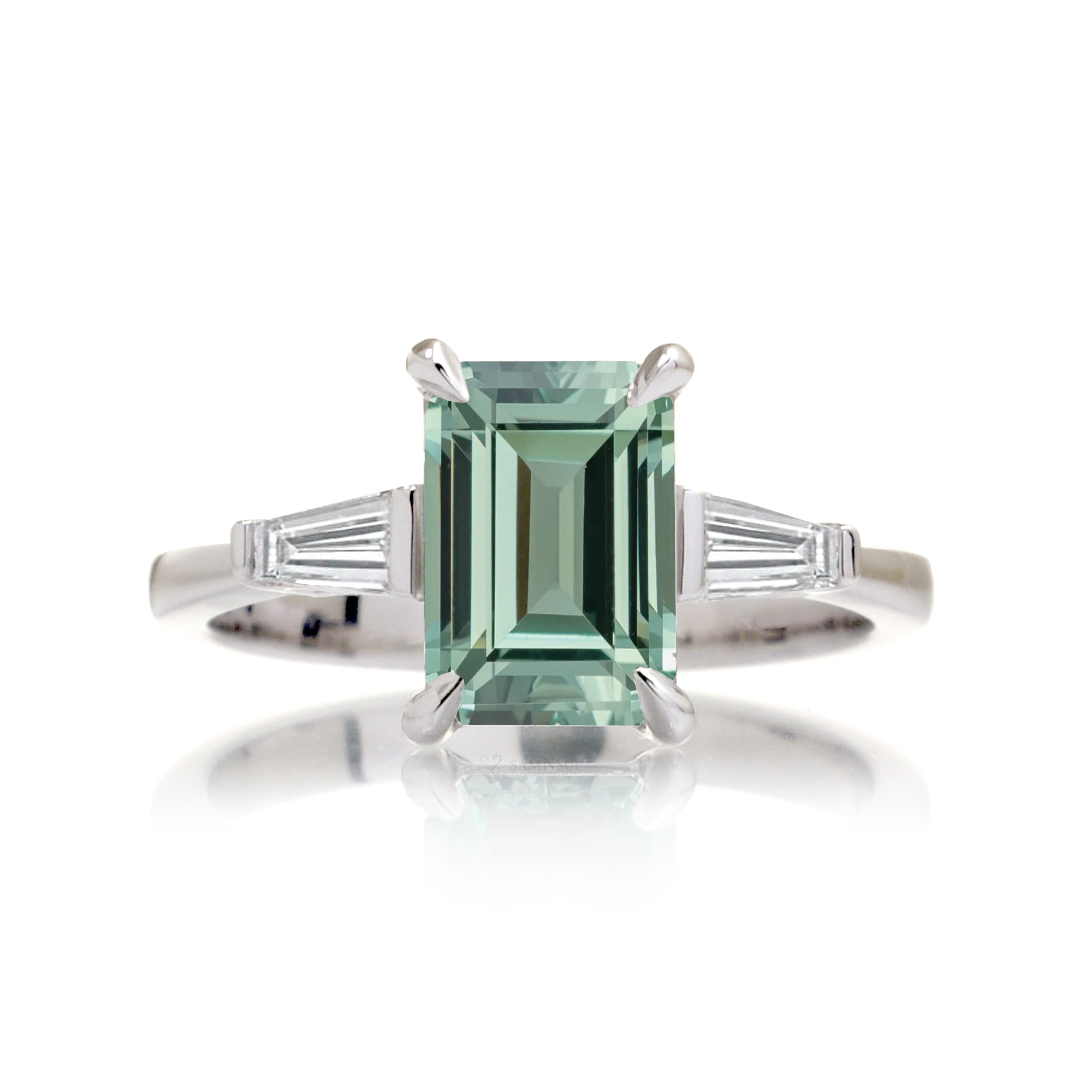 Emerald Step Cut Green Sapphire Three Stone Baguette Ring White Gold