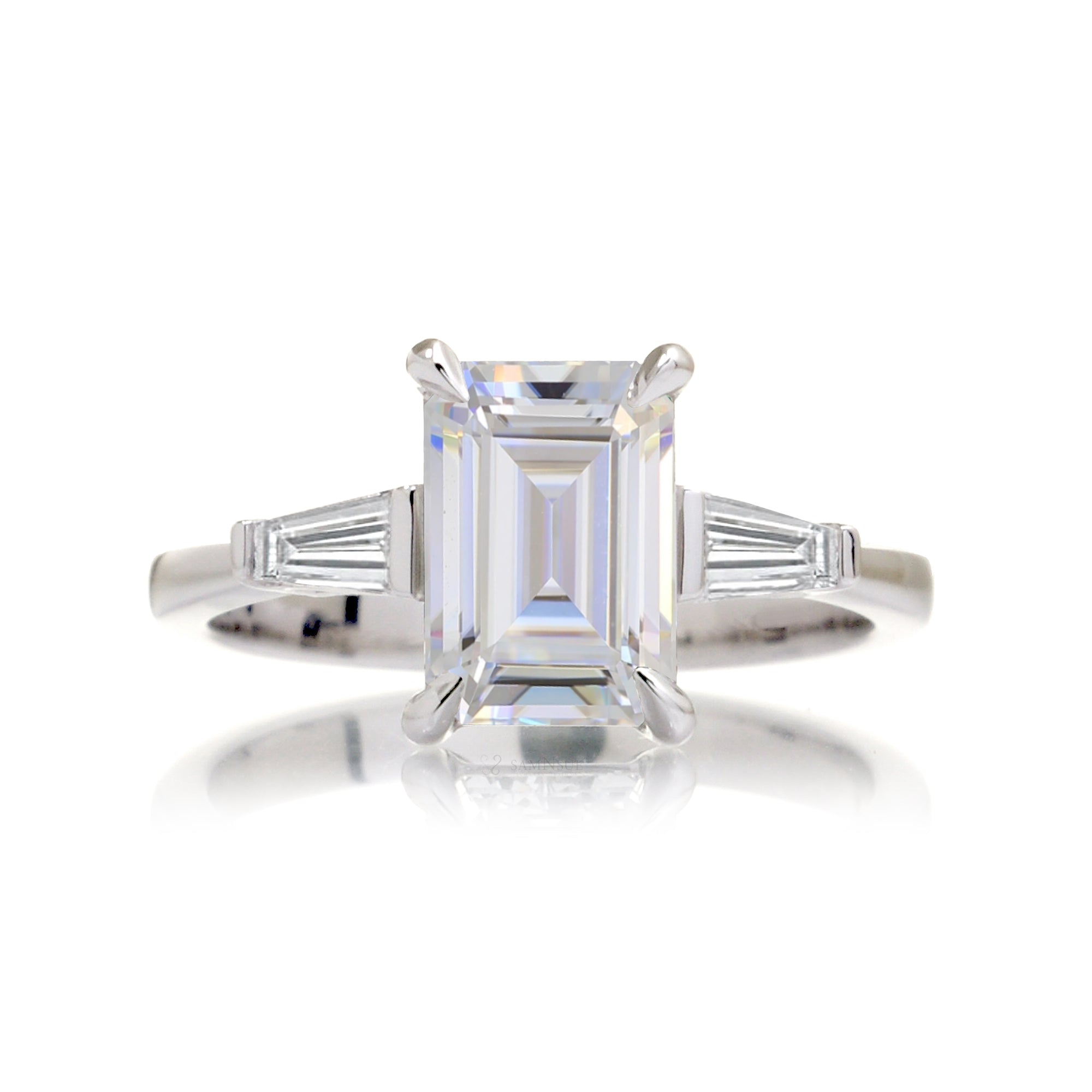 Emerald Step Cut Moissanite Three Stone Baguette Ring White Gold