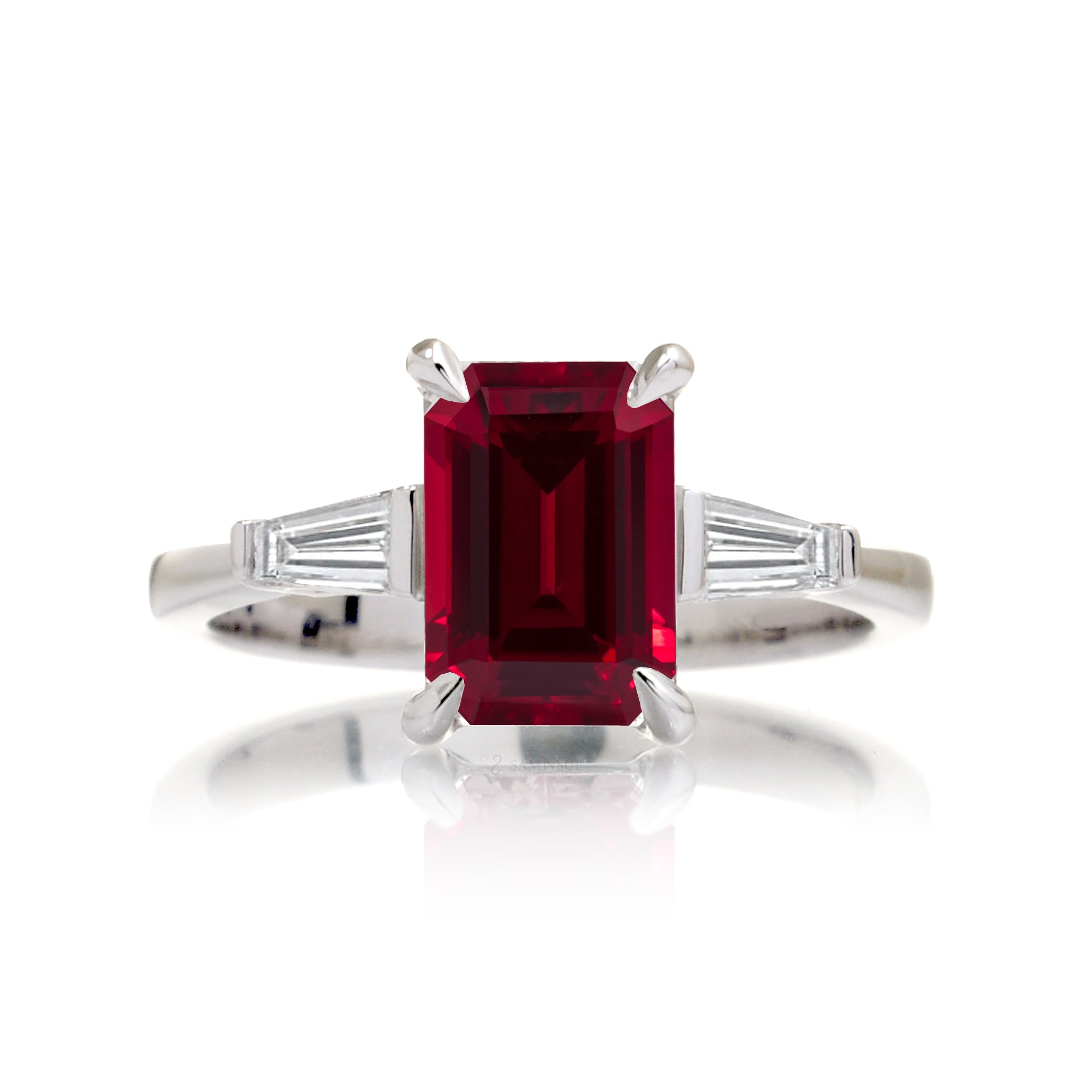 Emerald Step Cut Ruby Three Stone Baguette Ring White Gold