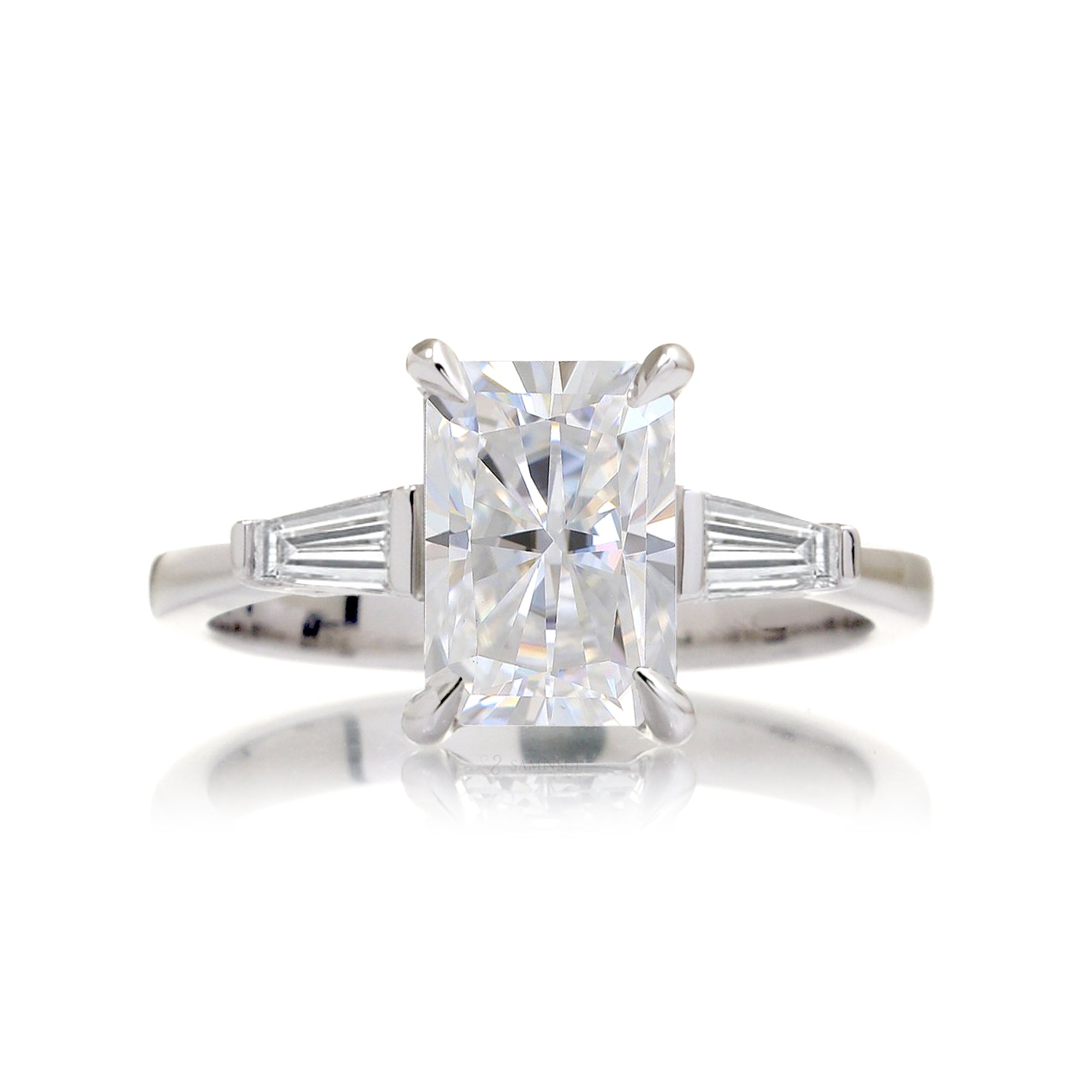 Radiant Cut Moissanite Three Stone Baguette Ring White Gold