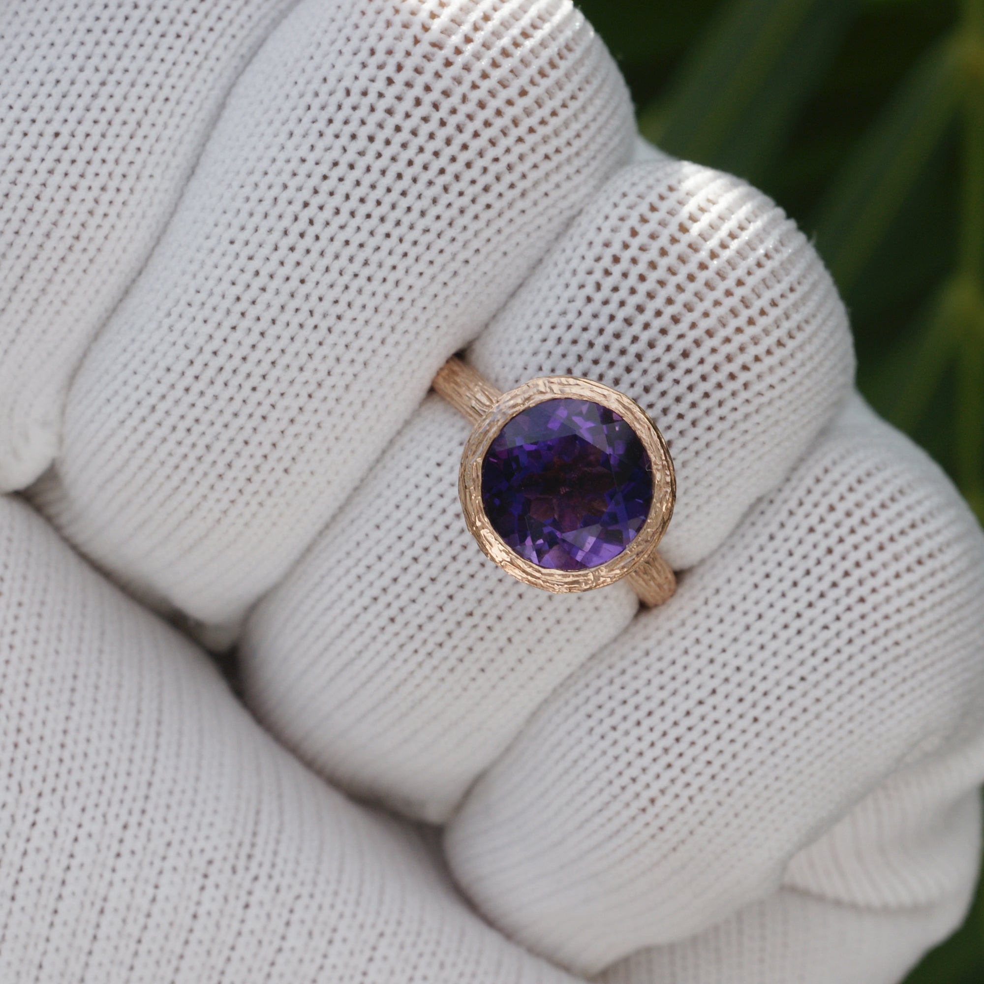 Solitaire amethyst bezel wood twig rose gold ring