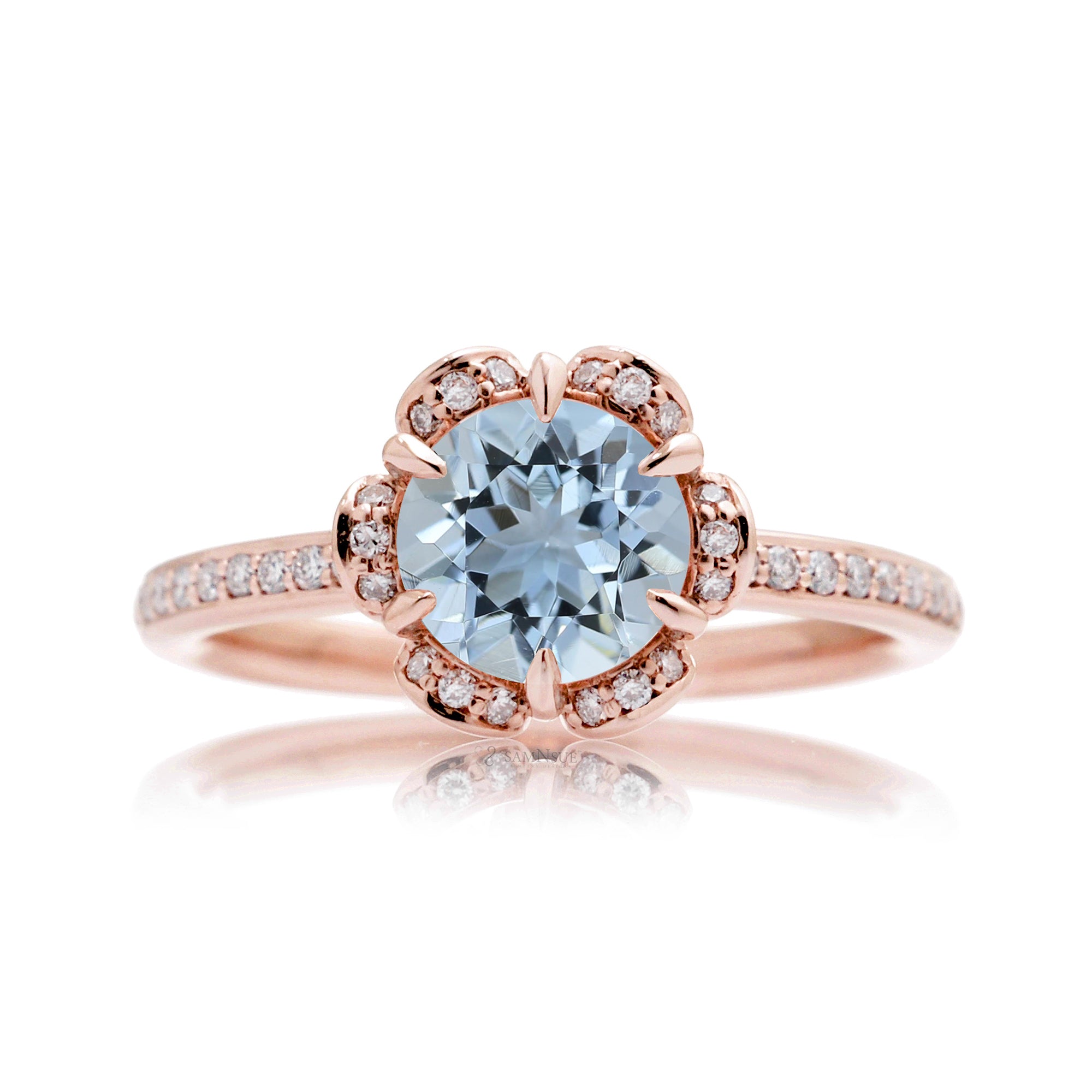Aquamarine ring March birthstone diamond accent rose gold
