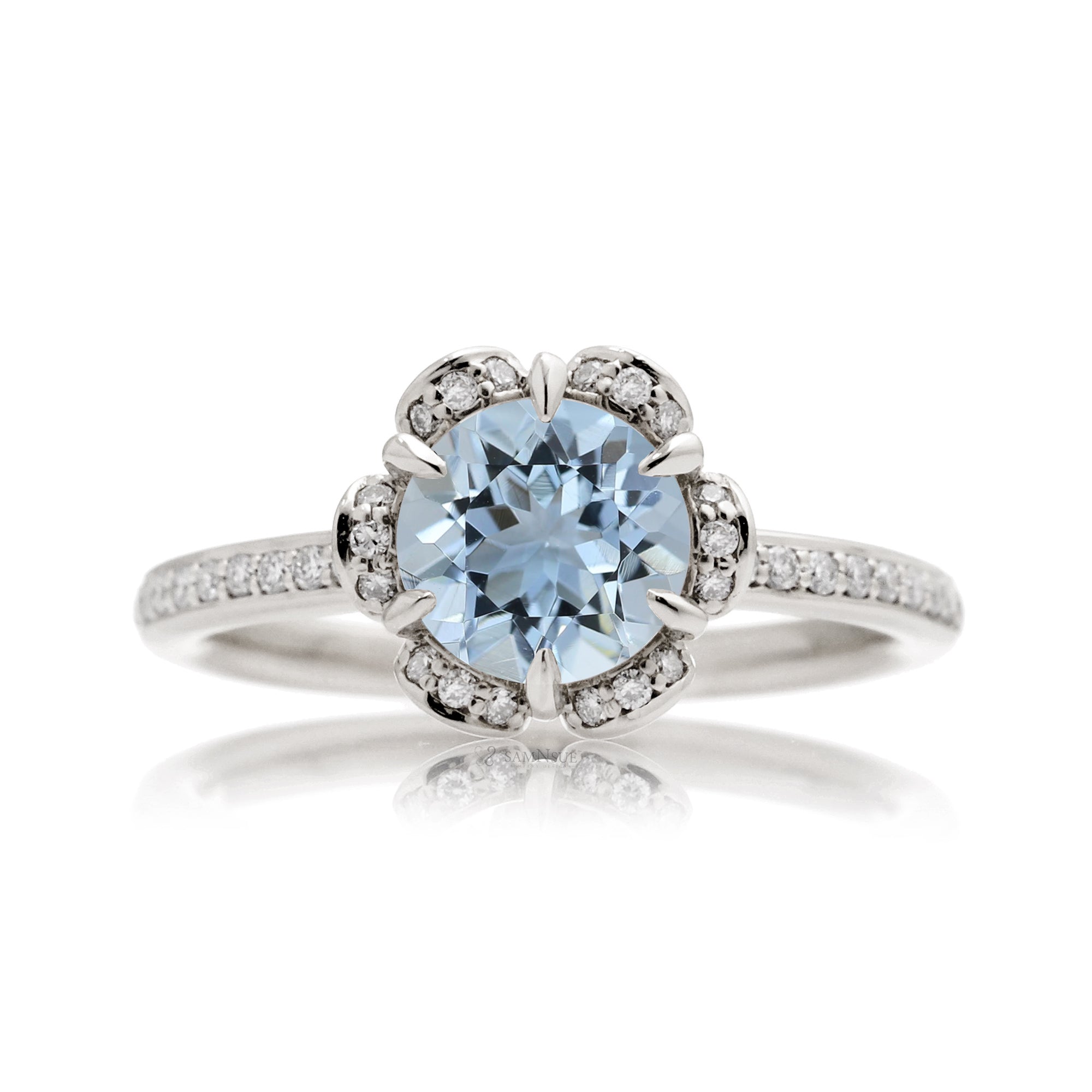 Aquamarine ring March birthstone diamond accent white gold