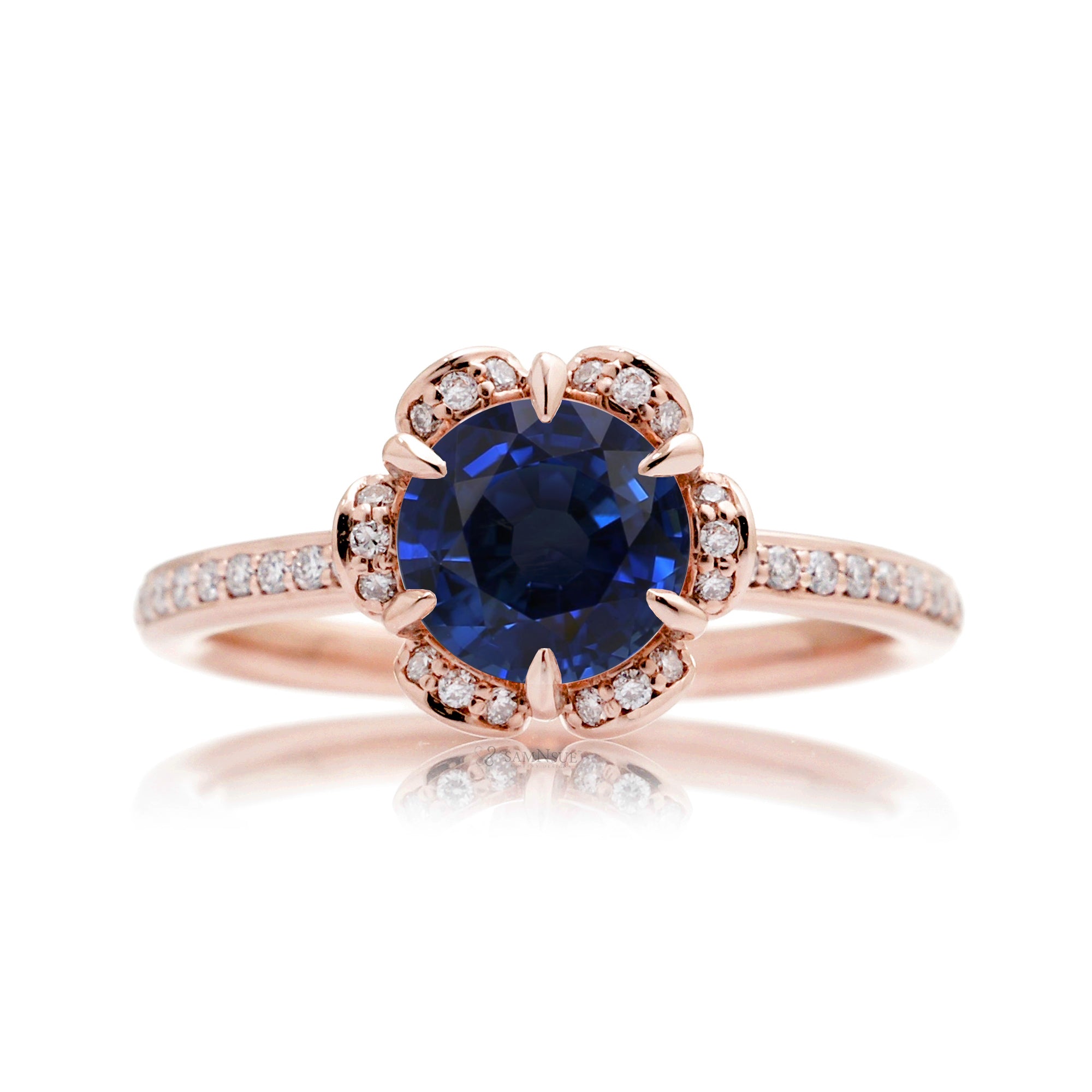Sapphire ring diamond flower basket engagement ring rose gold