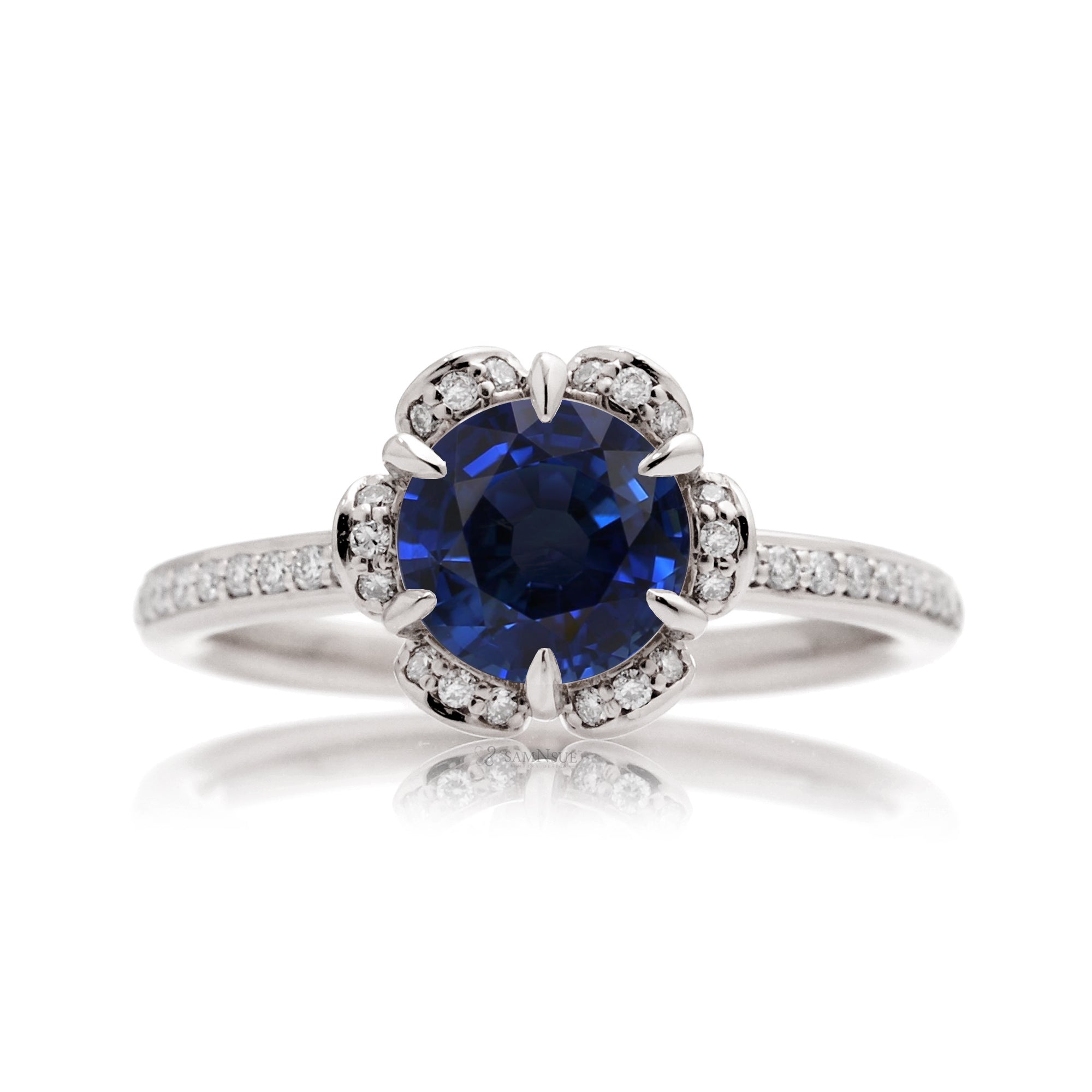 Sapphire ring diamond flower basket engagement ring white gold