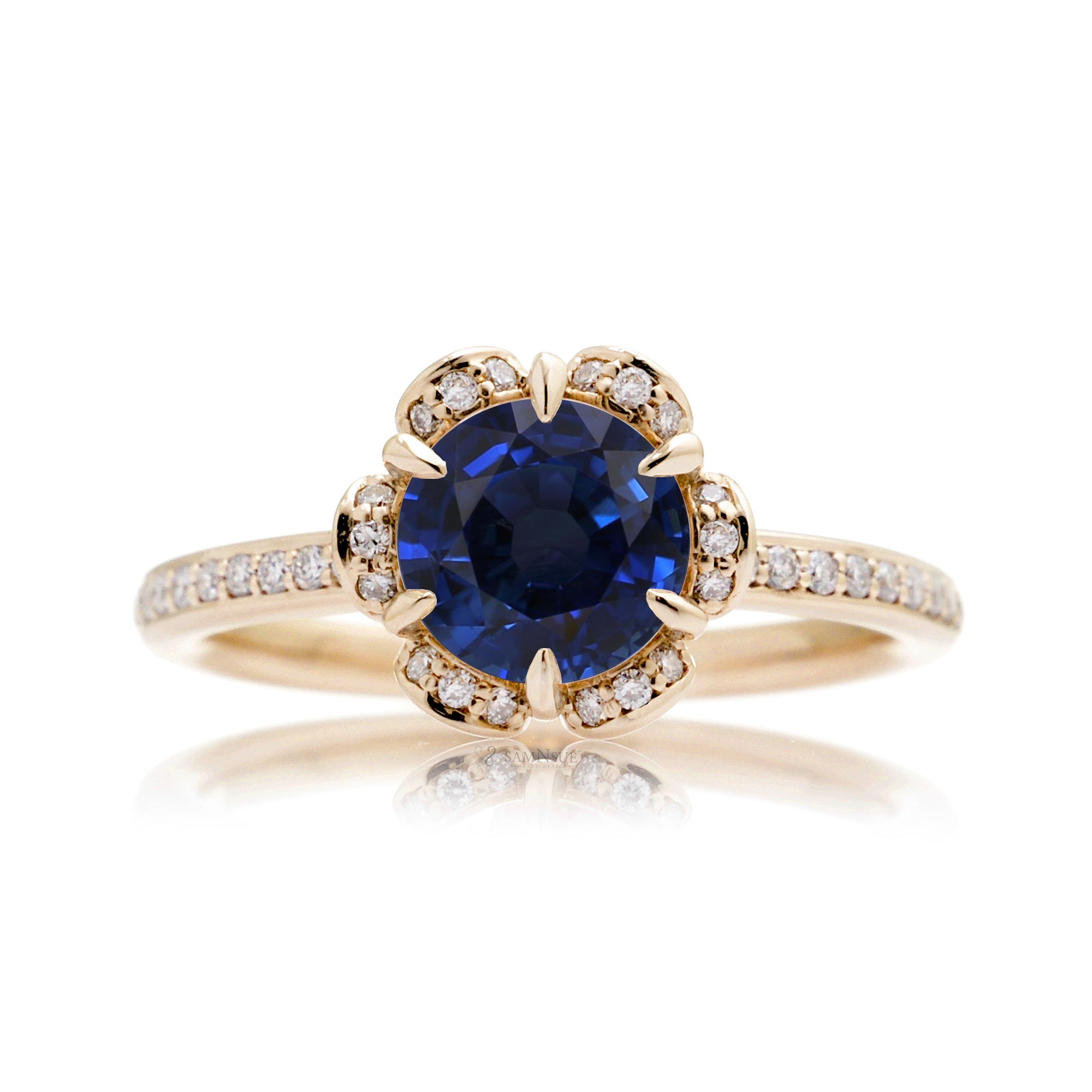 Sapphire ring diamond flower basket engagement ring yellow gold