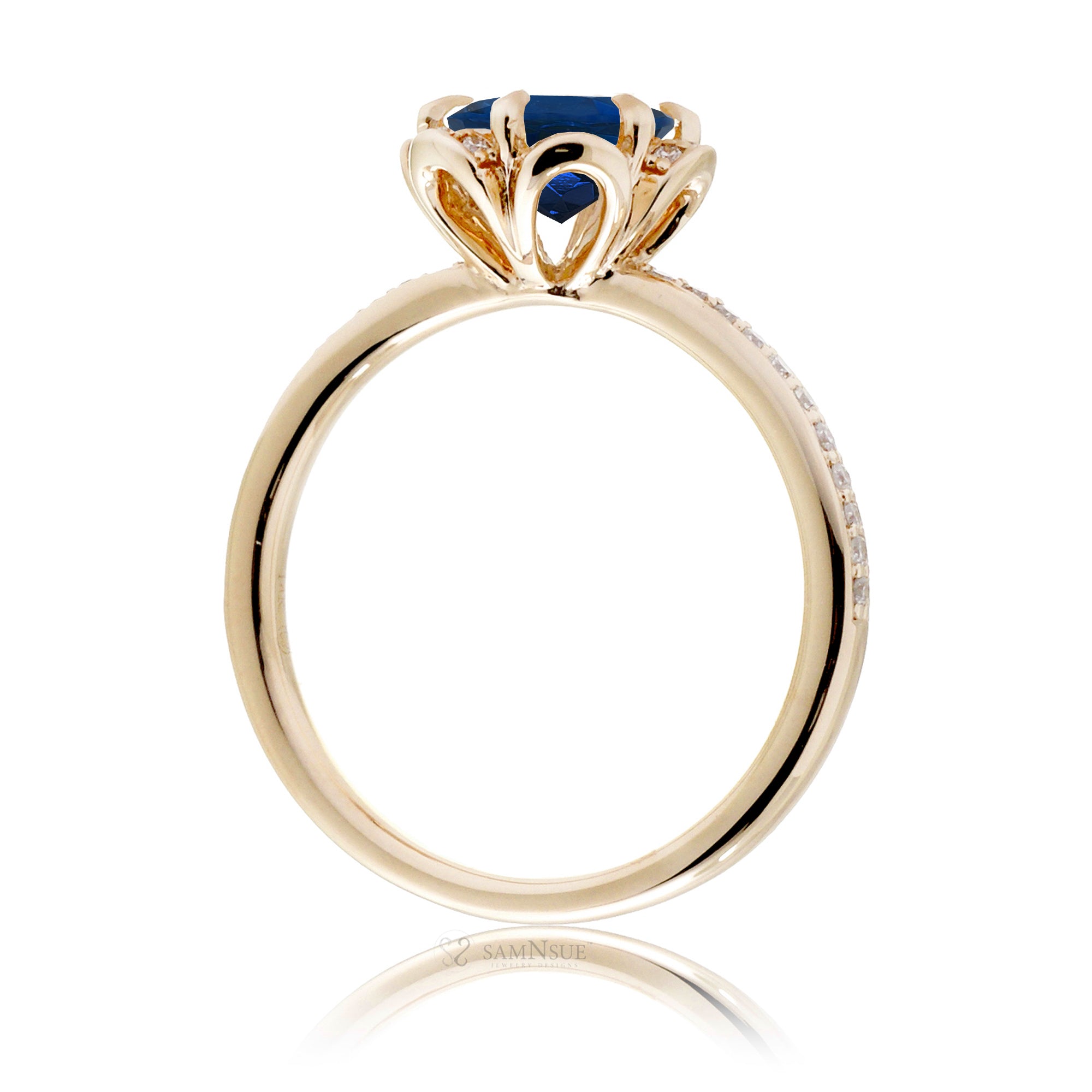 Sapphire ring diamond flower basket engagement ring yellow gold
