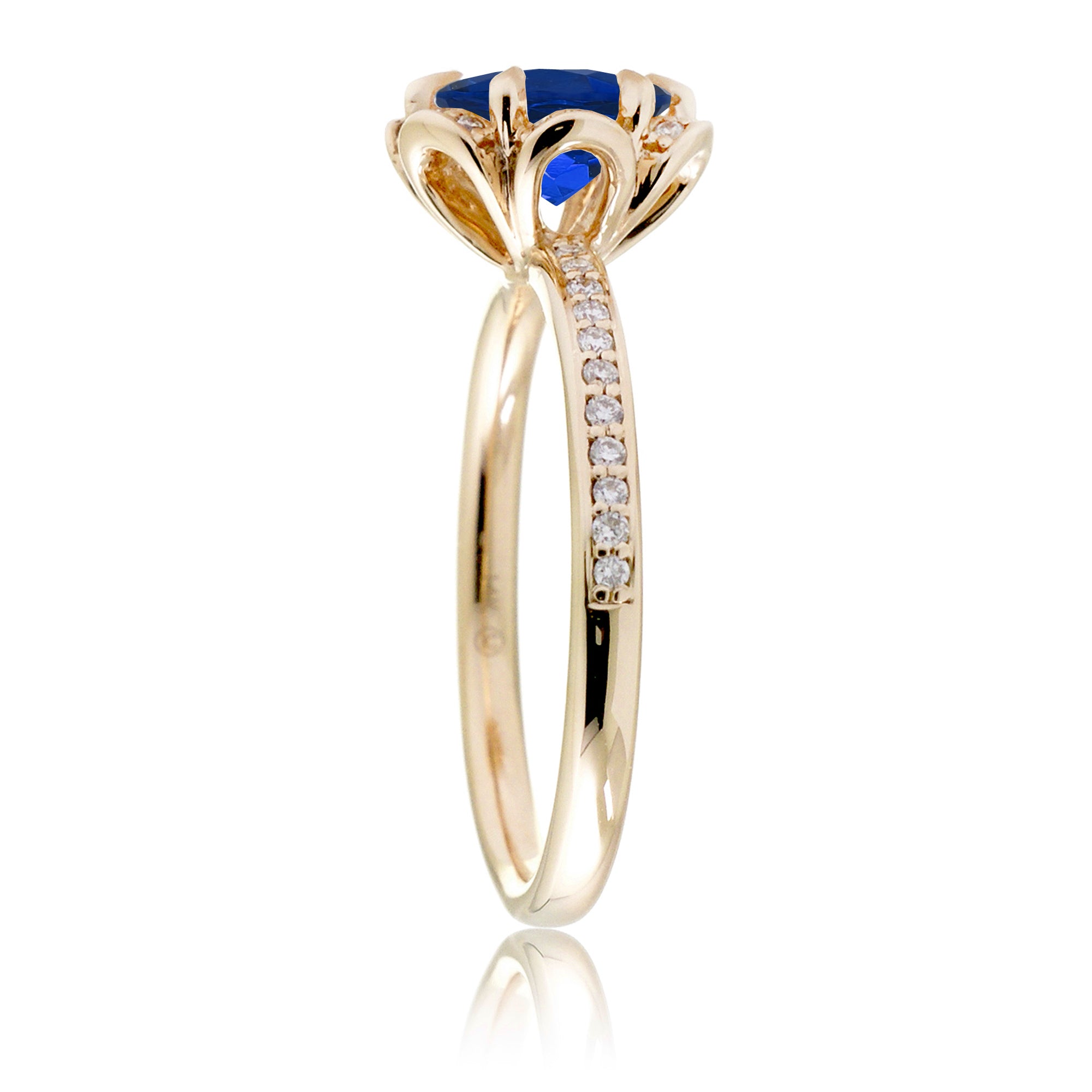 Sapphire ring diamond flower basket engagement ring yellow gold